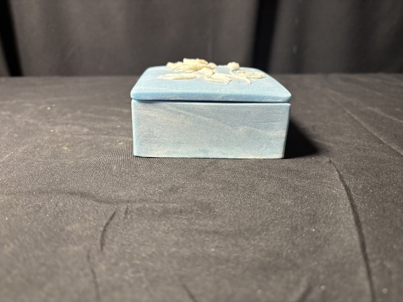 Vintage Blue & White Marbled Square Trinket Box with Raised Rose Design