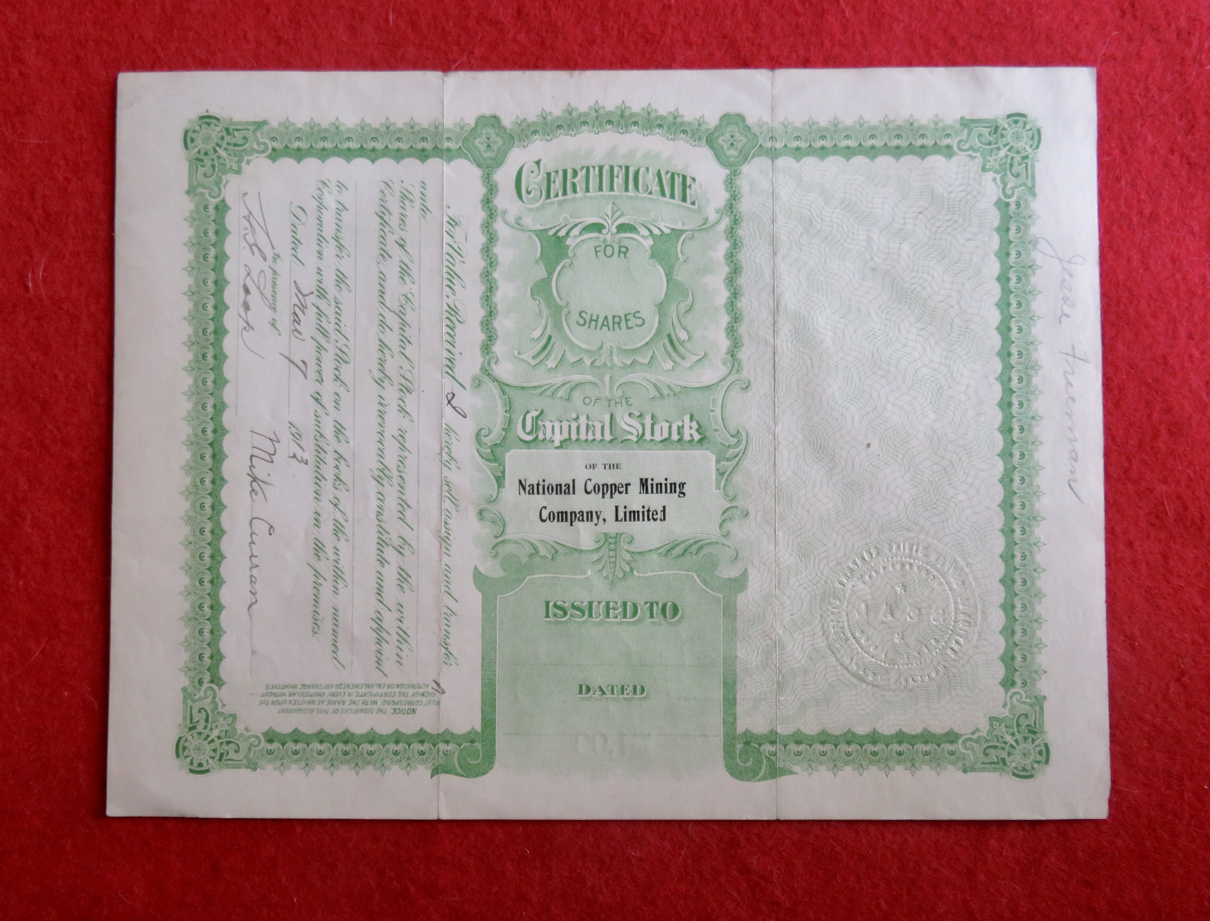 1913 National Copper Mining Company Ltd Stock