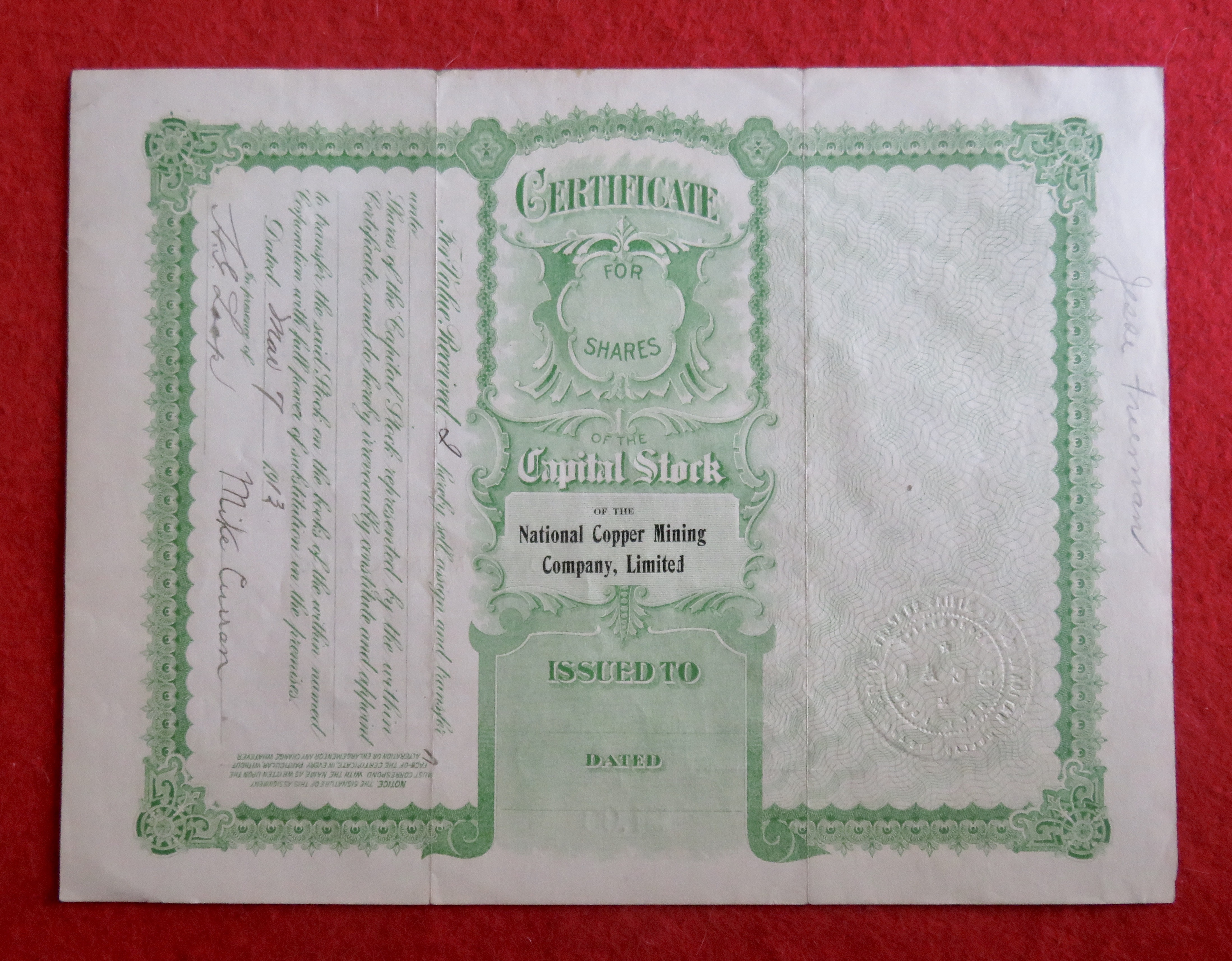 1913 National Copper Mining Company Ltd Stock
