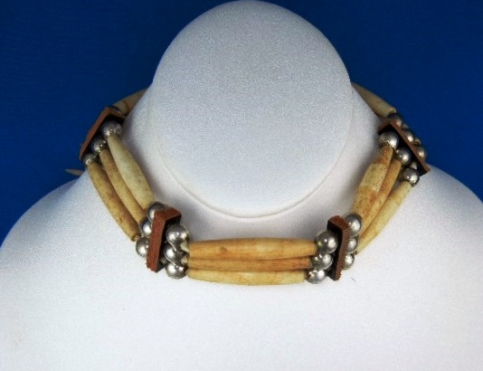 Native American Bone Sterling Silver Leather Choker