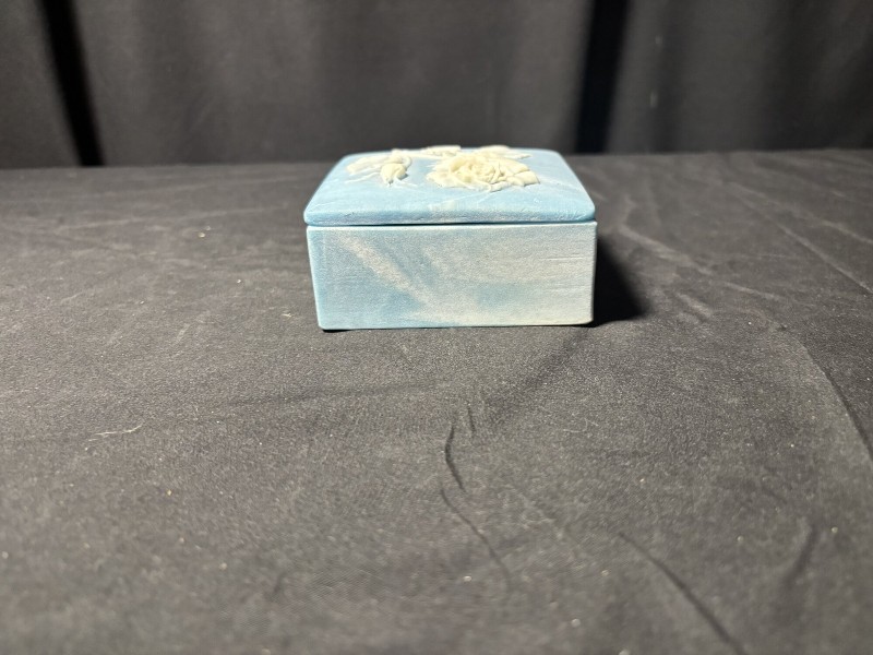 Vintage Blue & White Marbled Square Trinket Box with Raised Rose Design