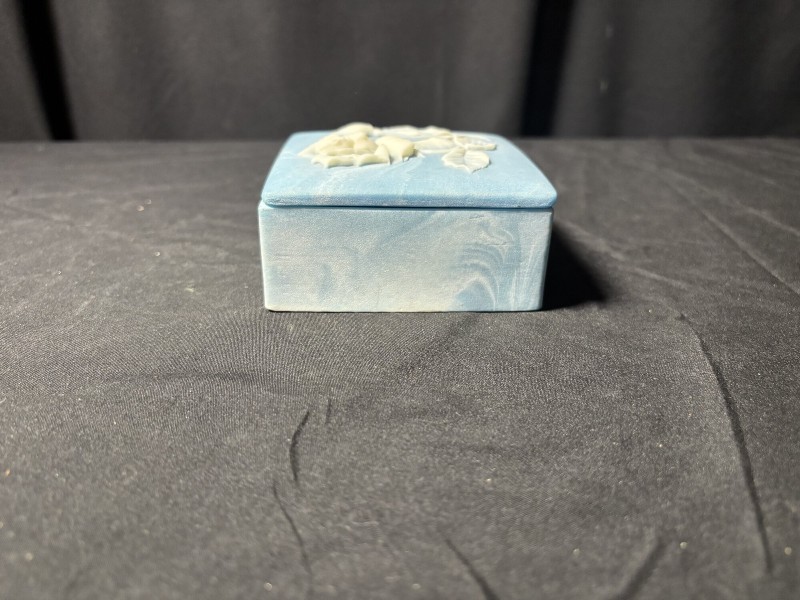 Vintage Blue & White Marbled Square Trinket Box with Raised Rose Design
