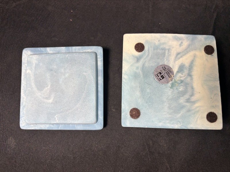 Vintage Blue & White Marbled Square Trinket Box with Raised Rose Design