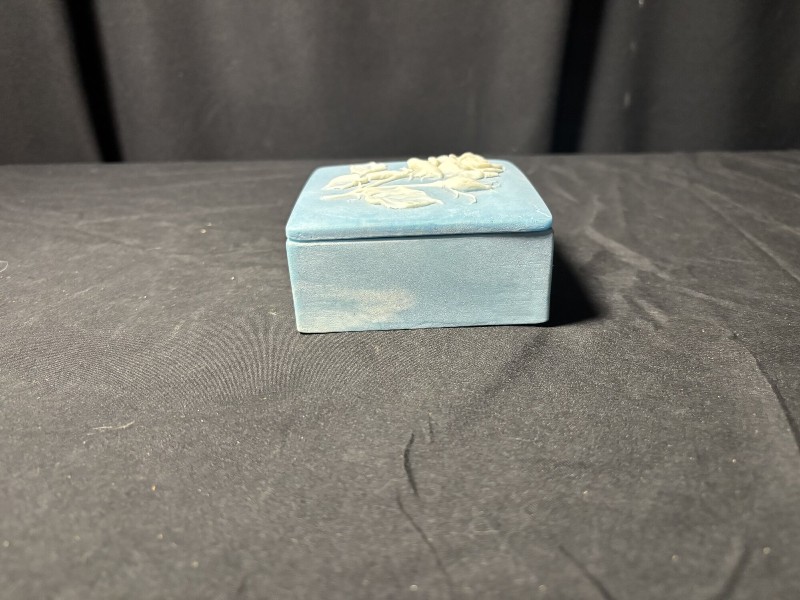 Vintage Blue & White Marbled Square Trinket Box with Raised Rose Design
