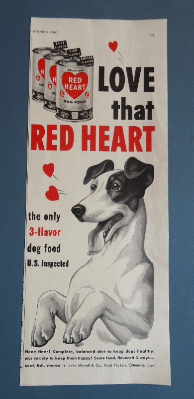 1952 Red Heart Dog Food with Dog with Paws Up & Smiling