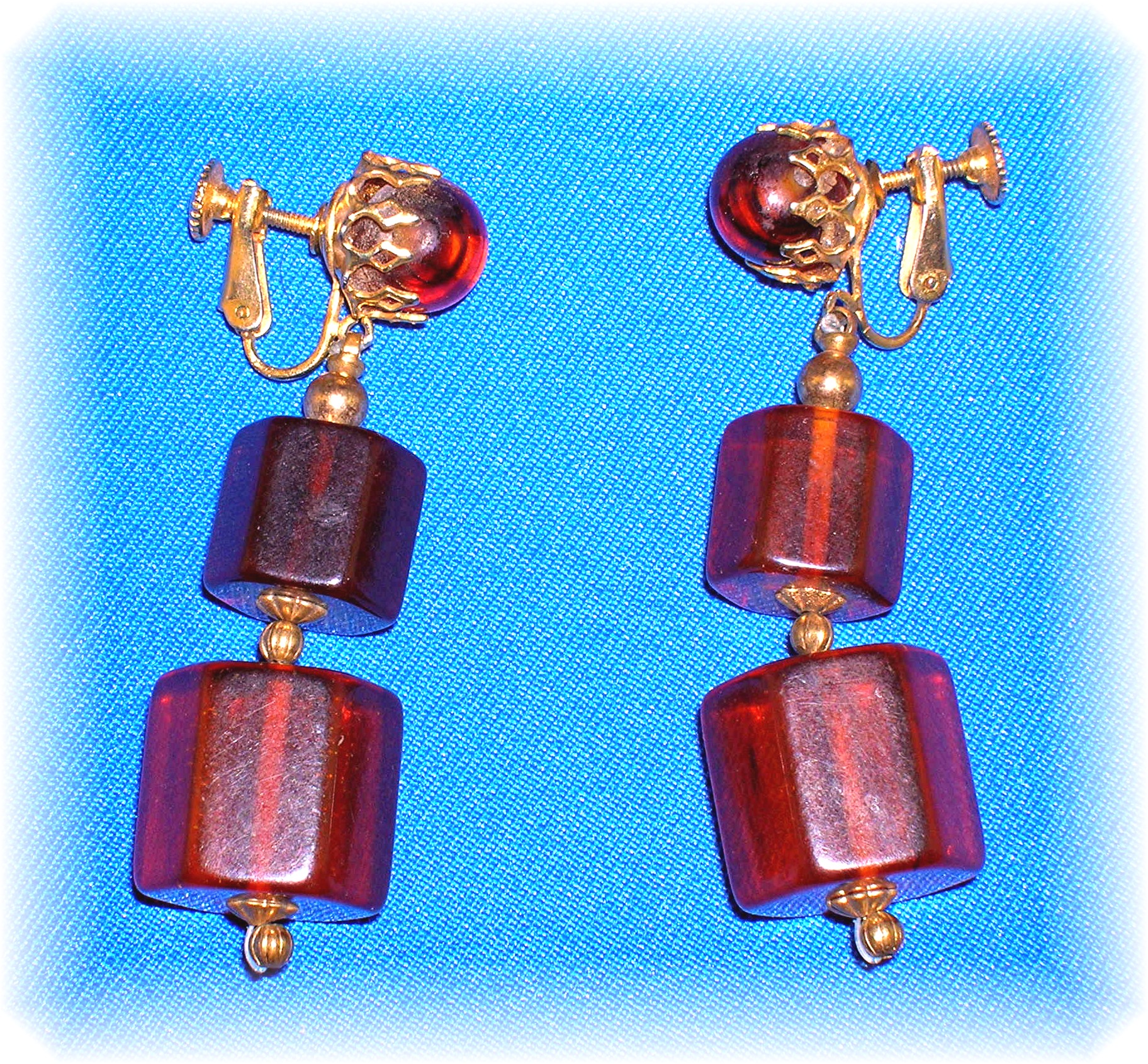 Bakelite Clip Dangle Amber Color Earrings 2 3/8 Inches