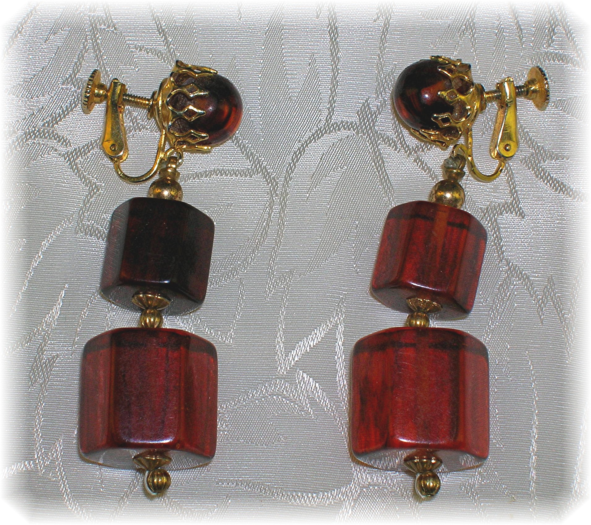 Bakelite Clip Dangle Amber Color Earrings 2 3/8 Inches