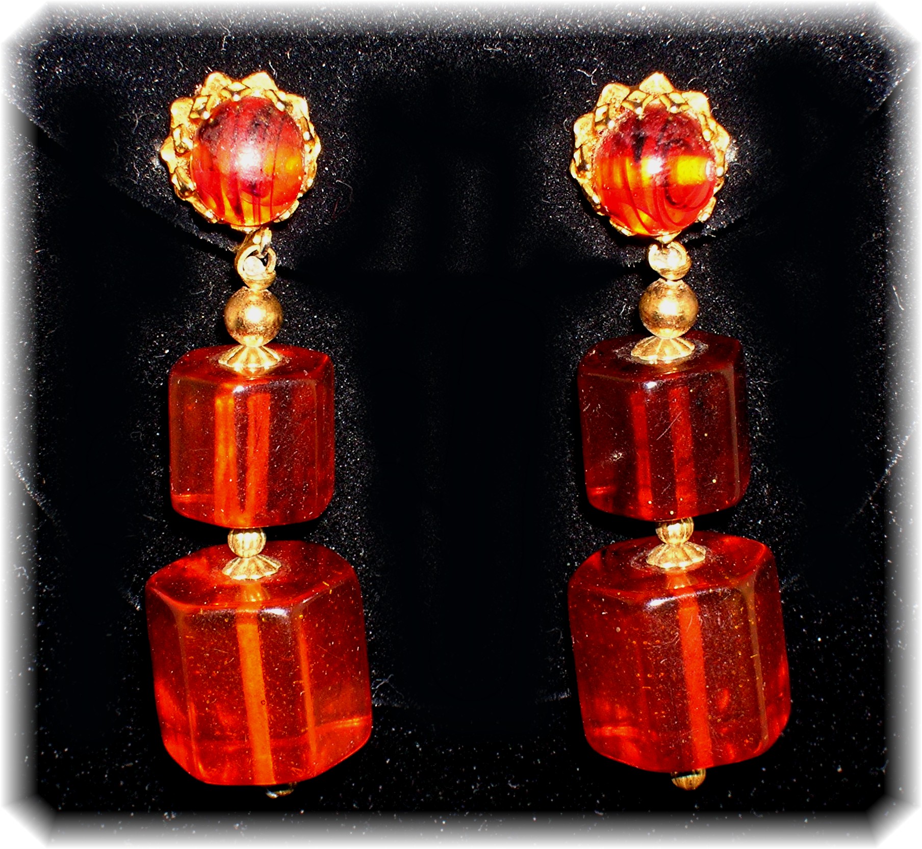 Bakelite Clip Dangle Amber Color Earrings 2 3/8 Inches