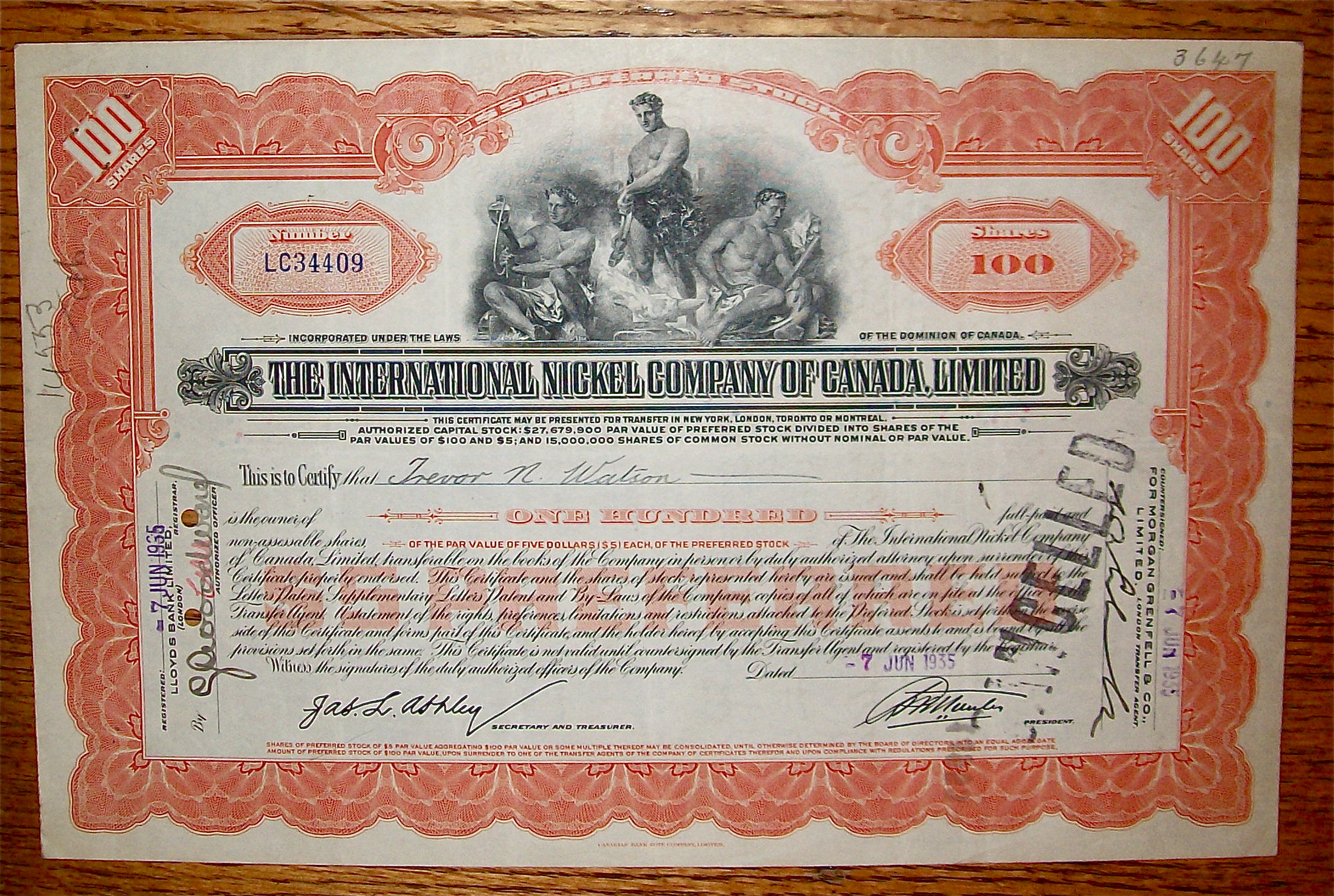 1935 International Nickel Company Of Canada Stock