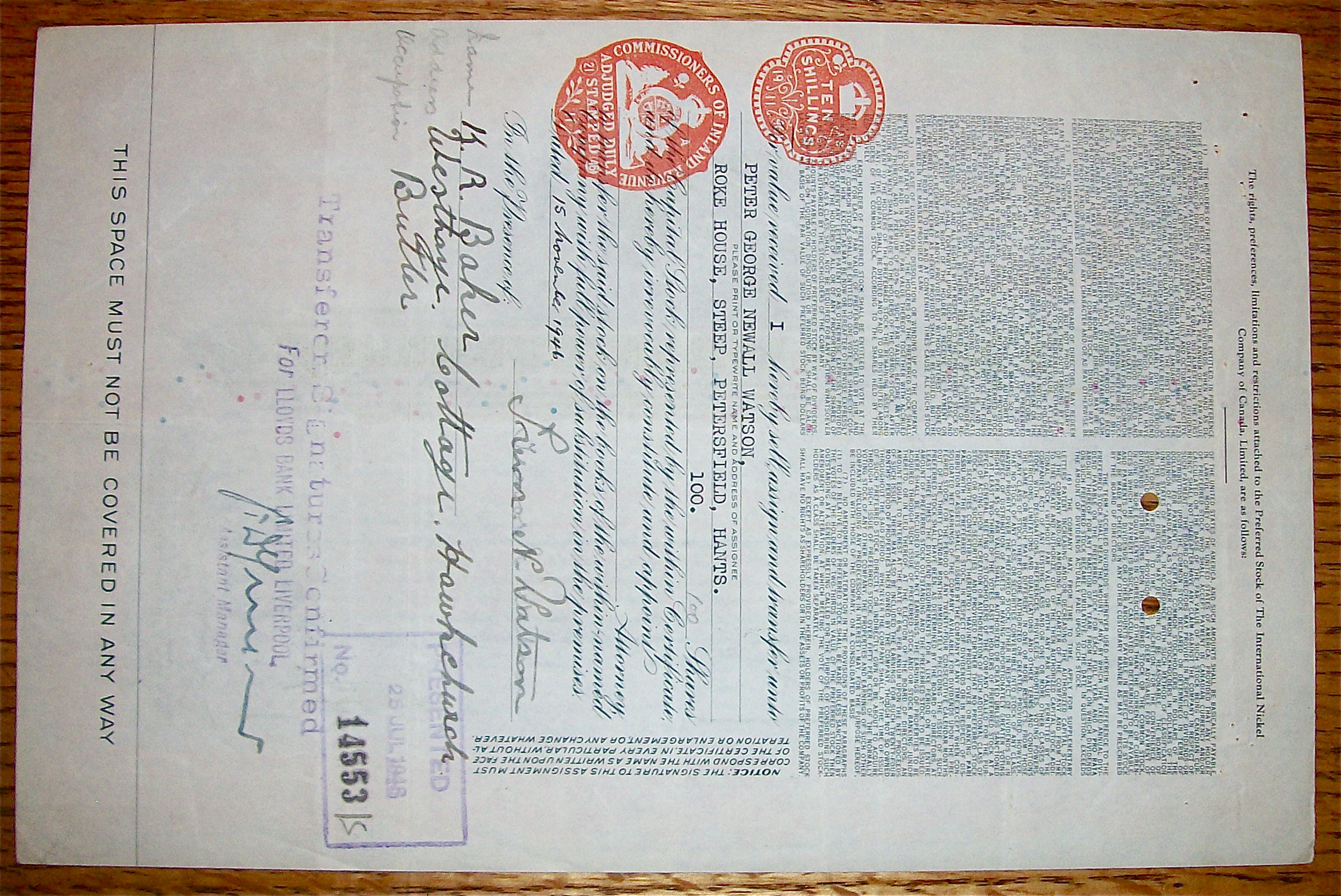 1935 International Nickel Company Of Canada Stock