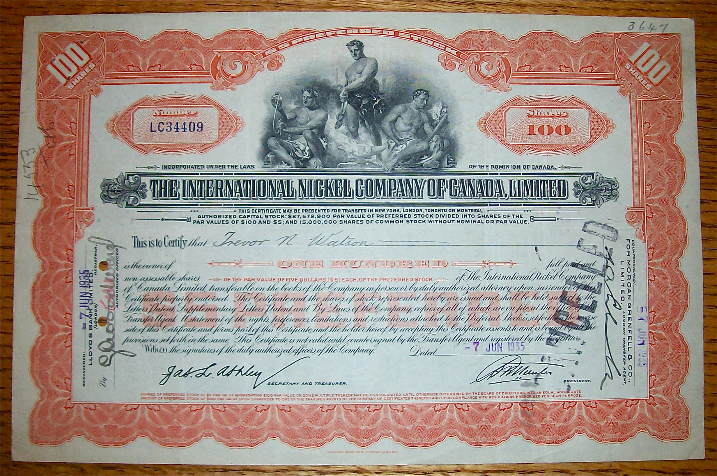 1935 International Nickel Company Of Canada Stock