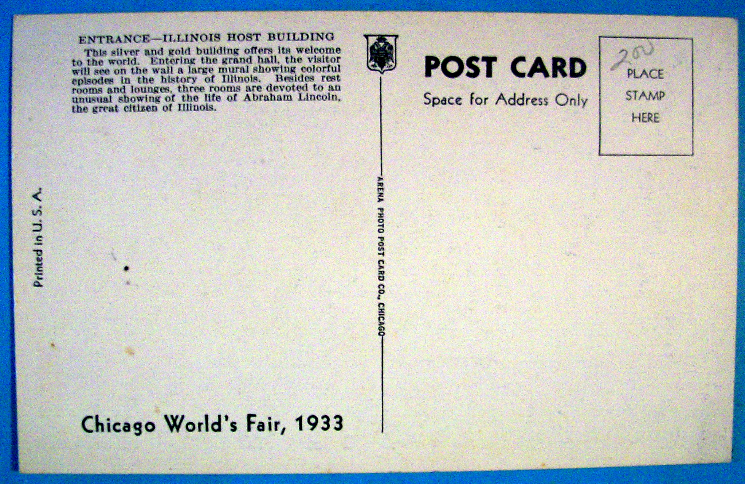 Illinois Host House Postcard (1933 Century Of Progress)