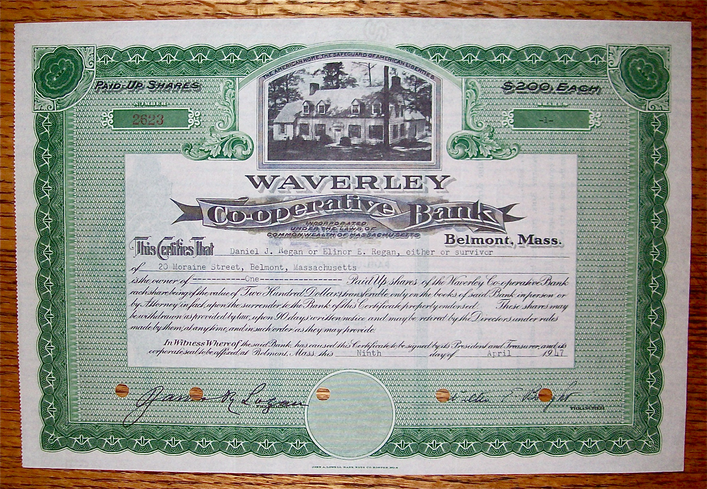 1947 Waverley Co-Operative Bank Stock Certificate