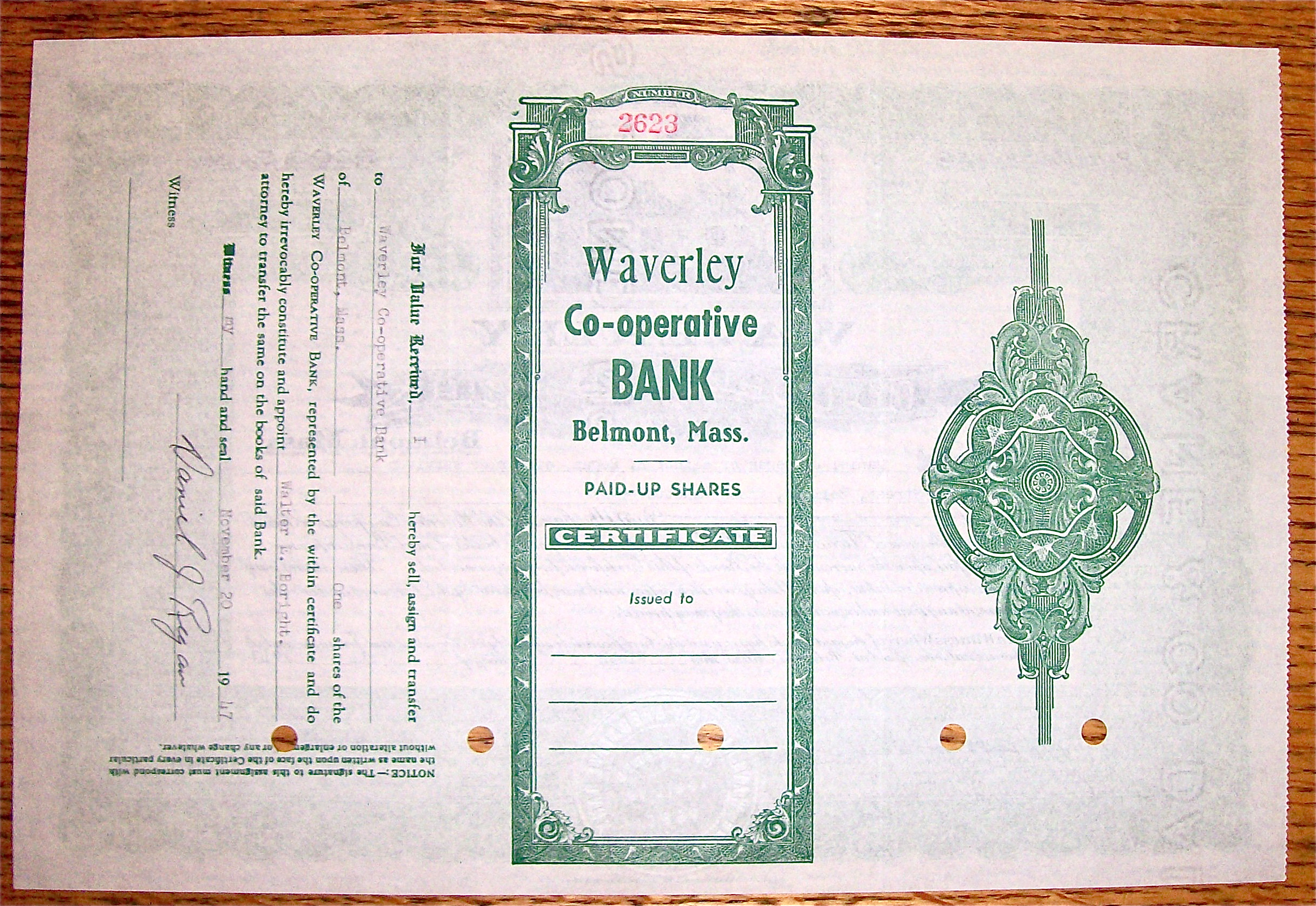 1947 Waverley Co-Operative Bank Stock Certificate