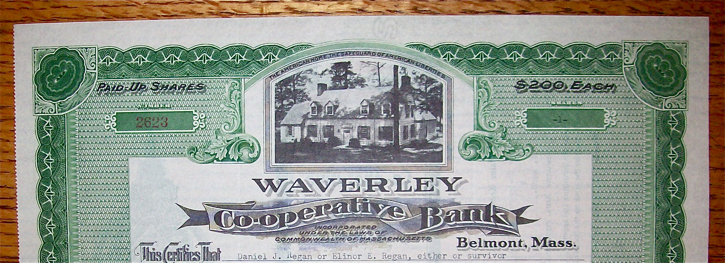 1947 Waverley Co-Operative Bank Stock Certificate