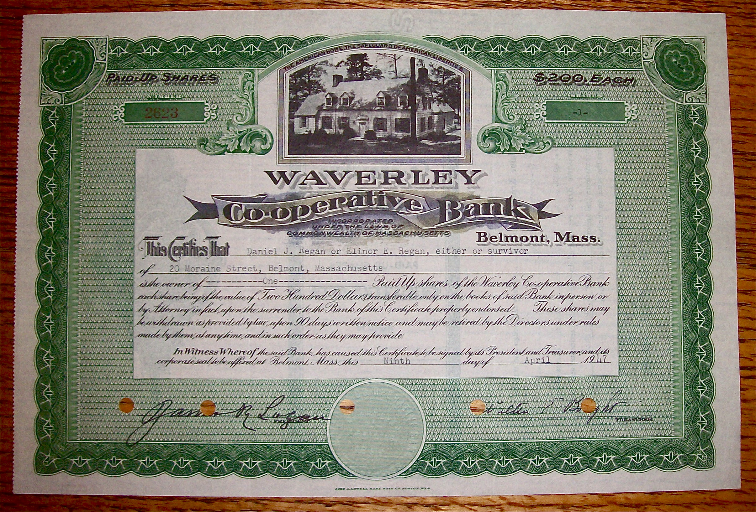 1947 Waverley Co-Operative Bank Stock Certificate