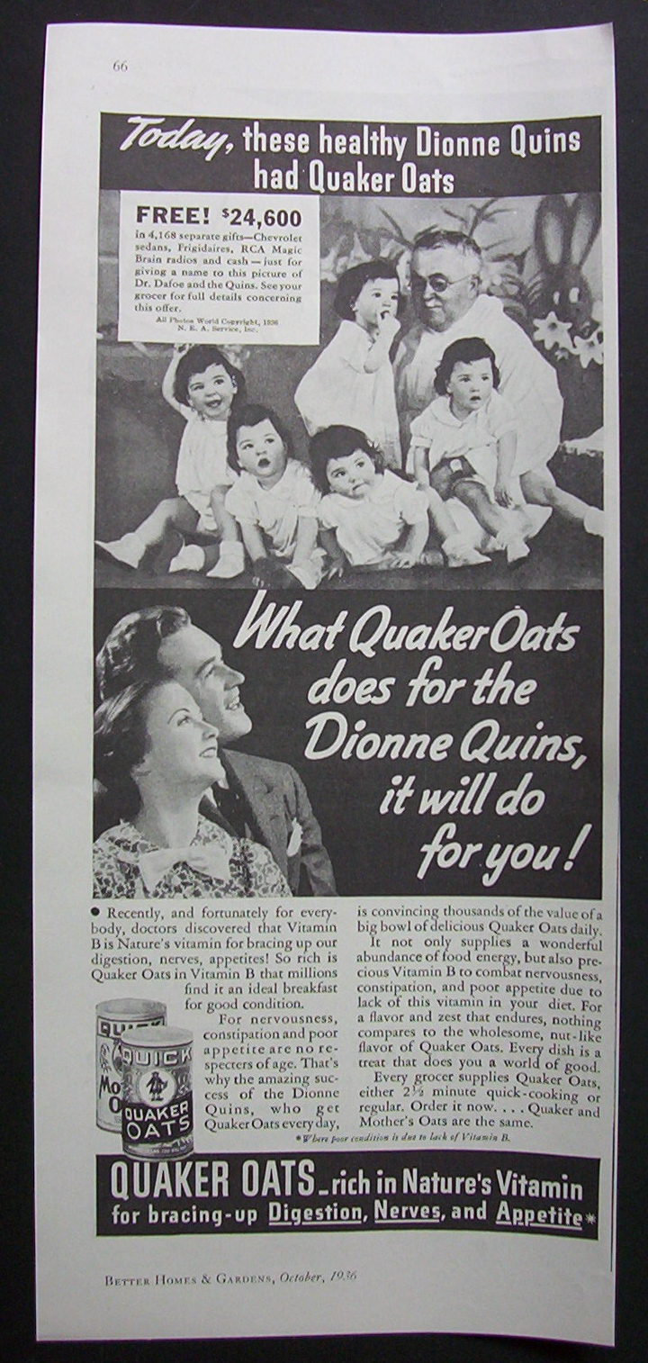 1936 Quick Quaker Oats with Dr Dafoe & Dionne Quints