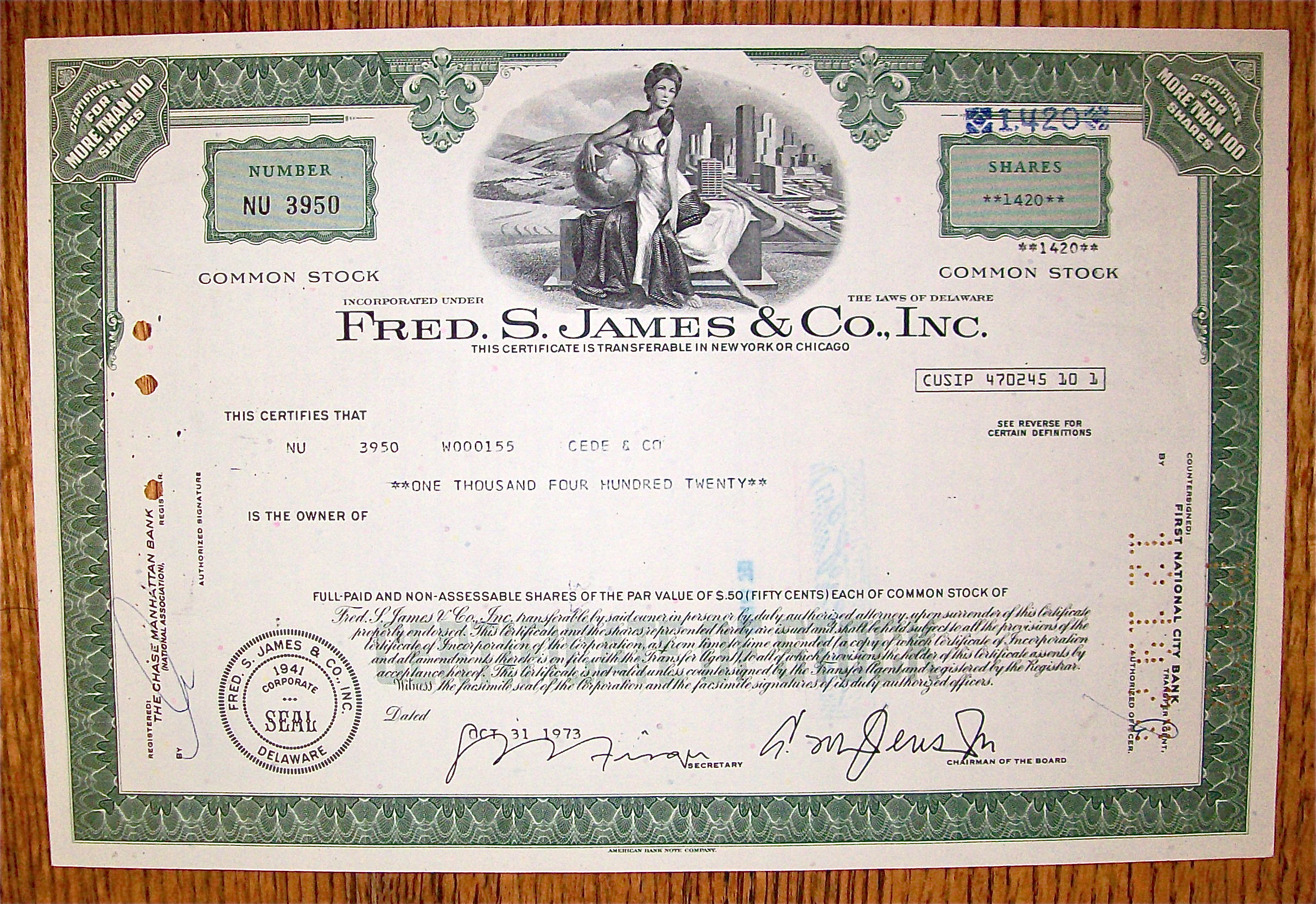 1973 Fred S. James & Co. Inc. Stock Certificate