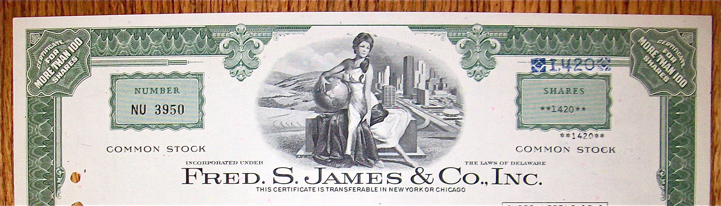 1973 Fred S. James & Co. Inc. Stock Certificate