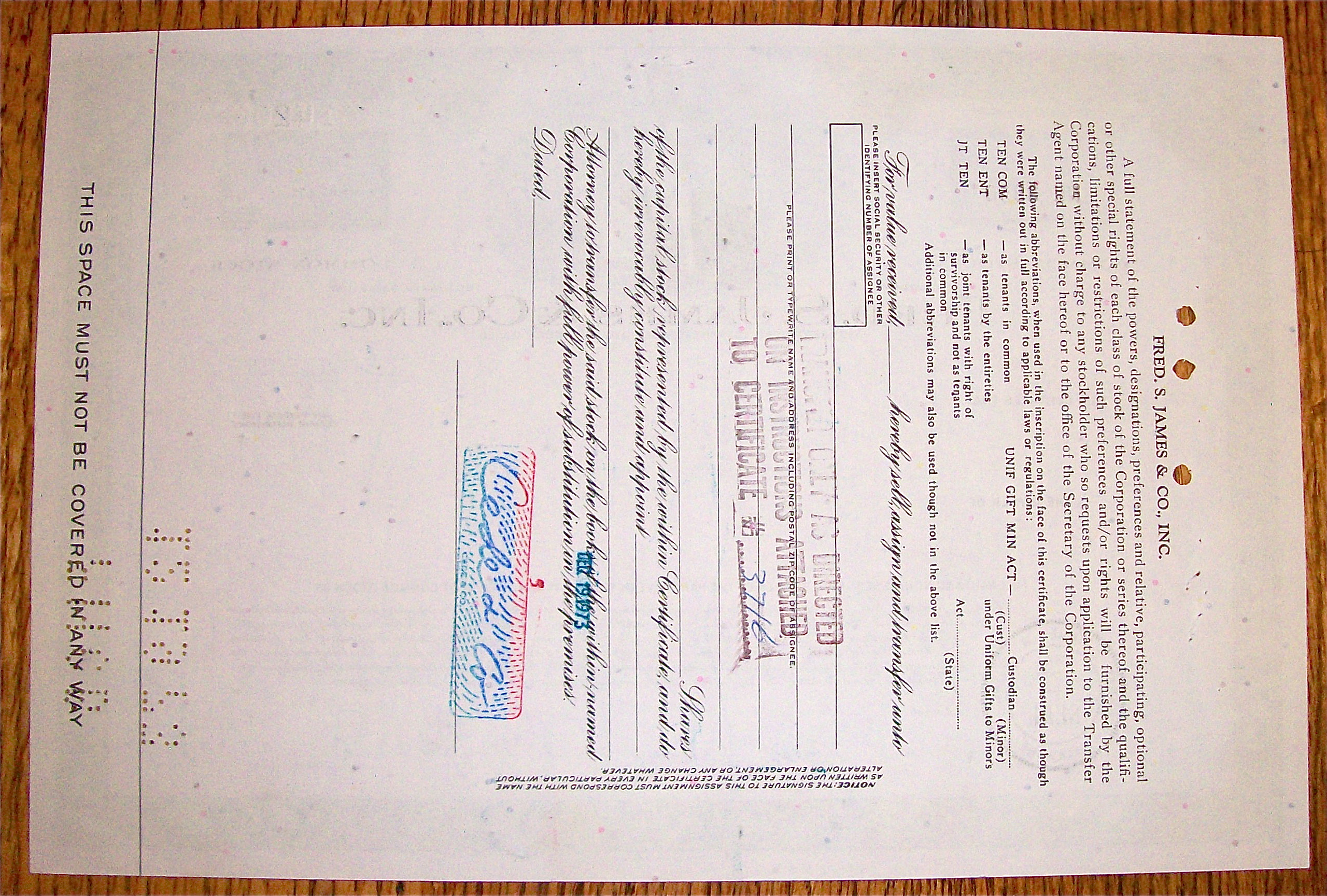 1973 Fred S. James & Co. Inc. Stock Certificate