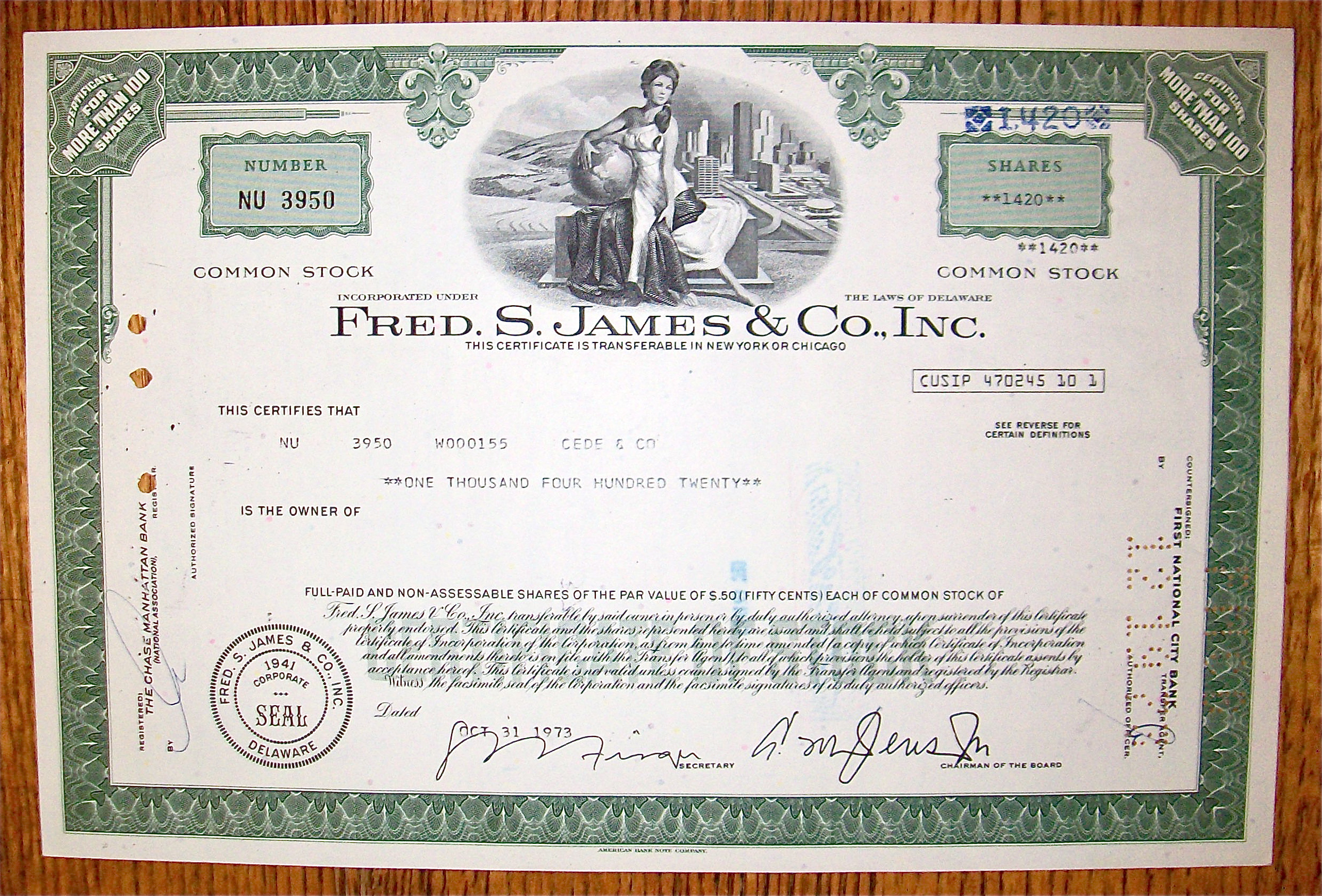 1973 Fred S. James & Co. Inc. Stock Certificate