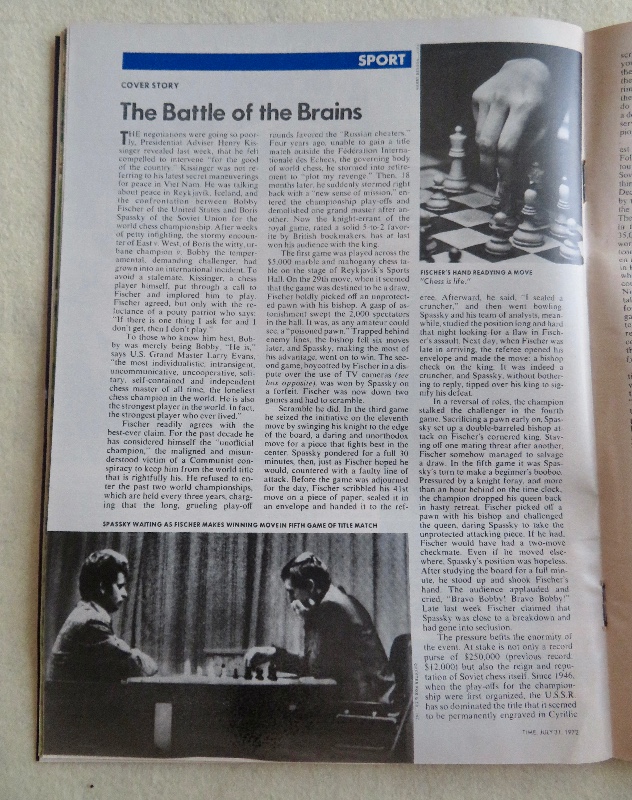 Time Magazine July 31, 1972 The Big Chess Battle: Knight-Errant v. King Spassky Fischer