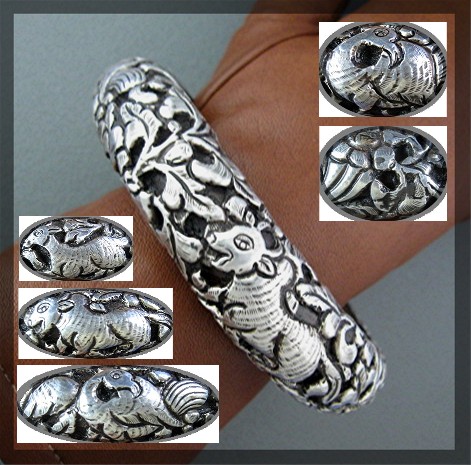 Bakelite Silver Flowers Animals Hand Made  Bracelet Nep