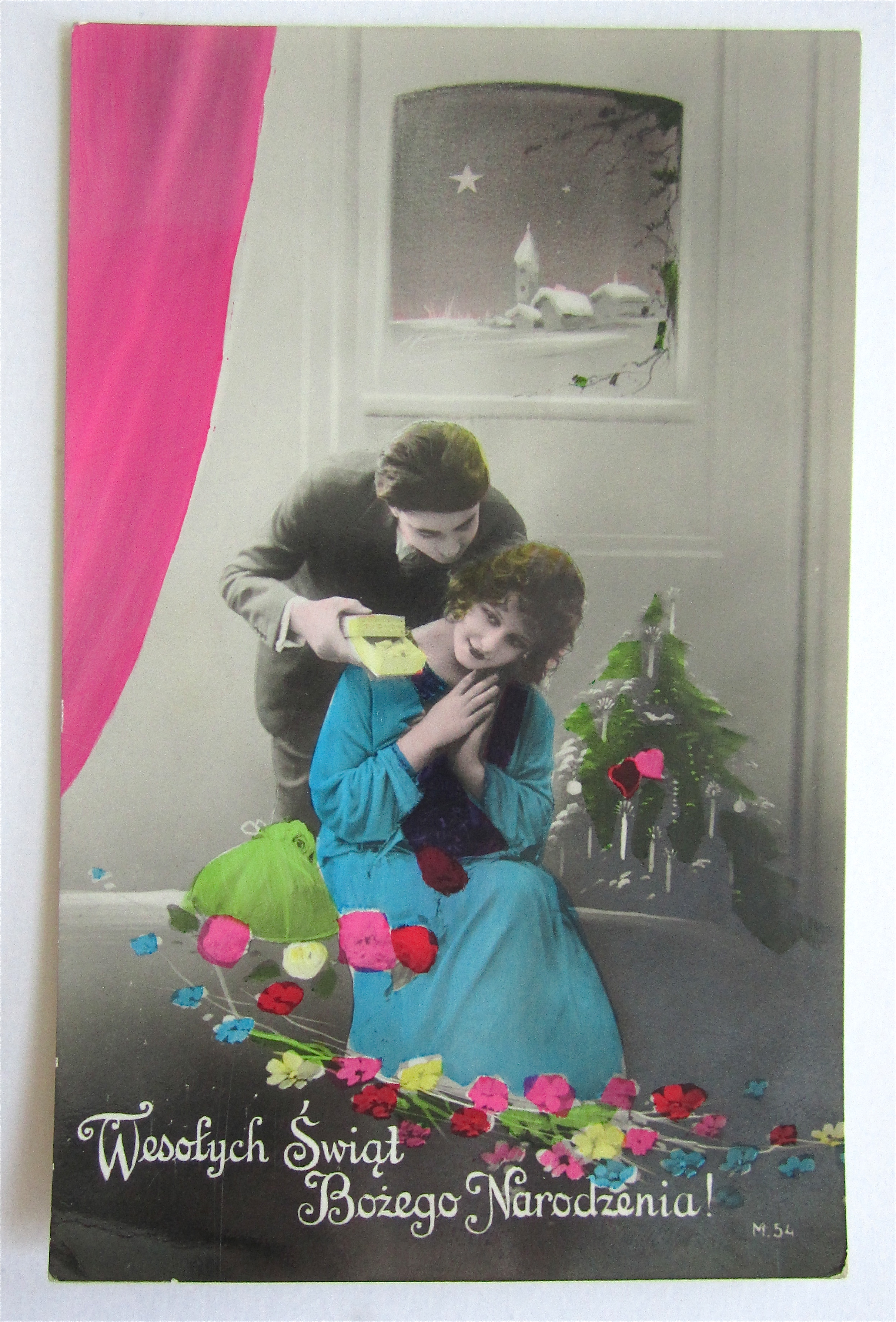 Man Giving Woman A Christmas Gift Postcard