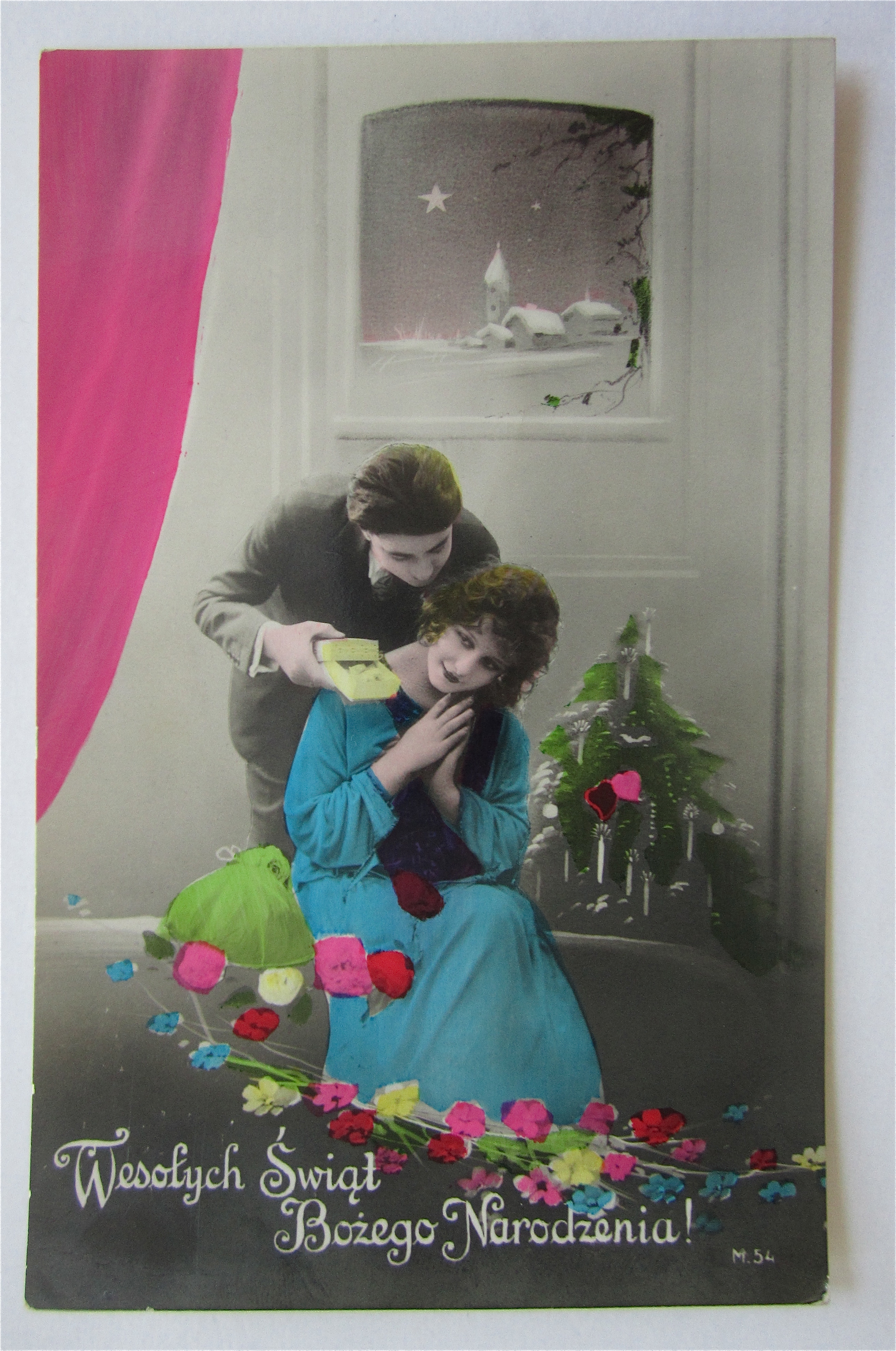Man Giving Woman A Christmas Gift Postcard