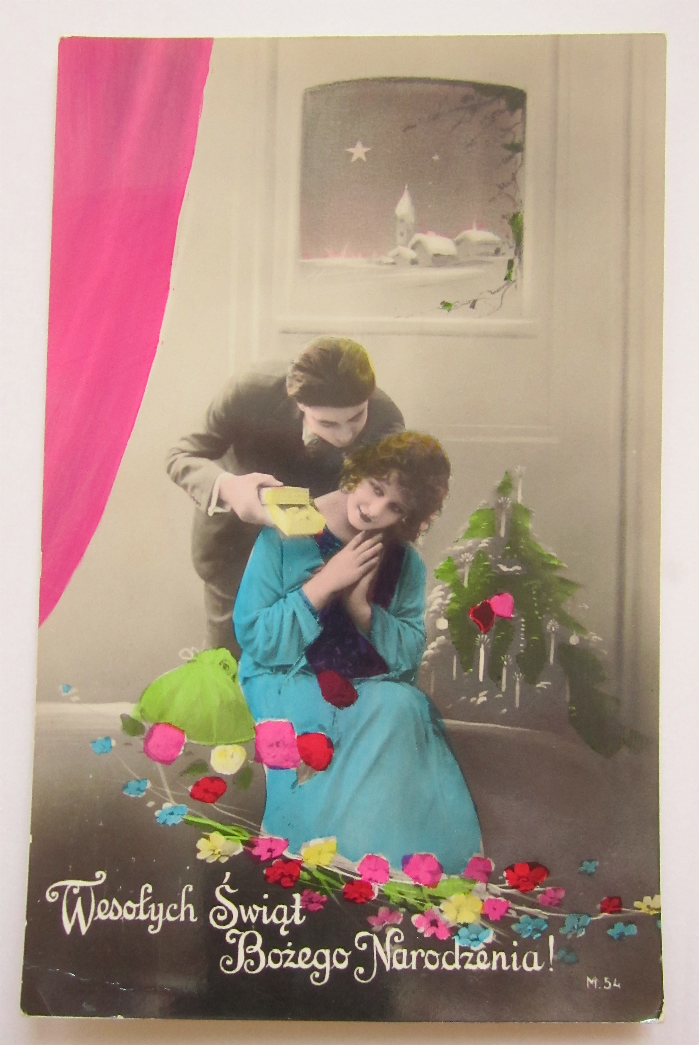 Man Giving Woman A Christmas Gift Postcard
