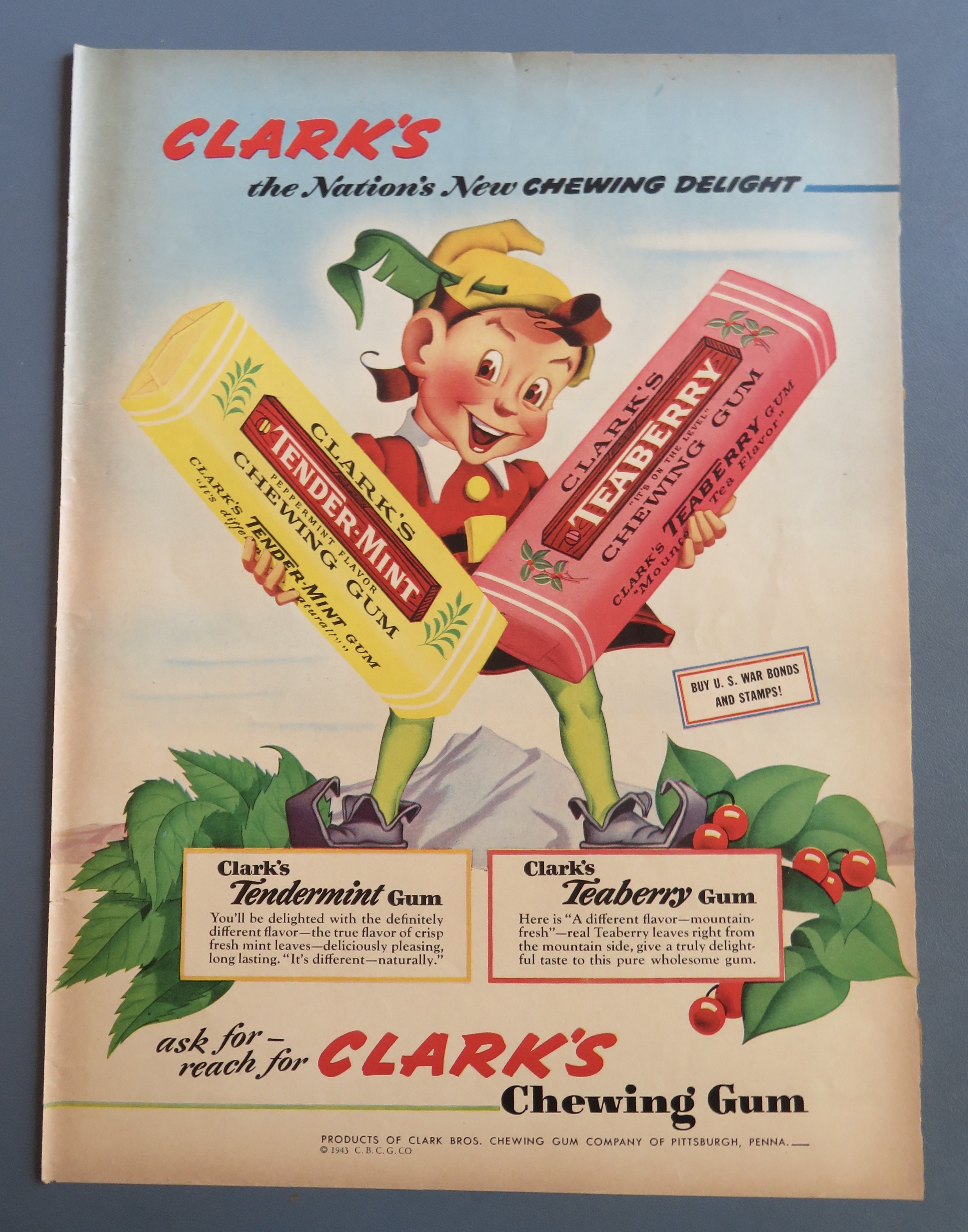 1943 Clark's Chewing Gum w/ Elf Holding 2 Packs Of Gum