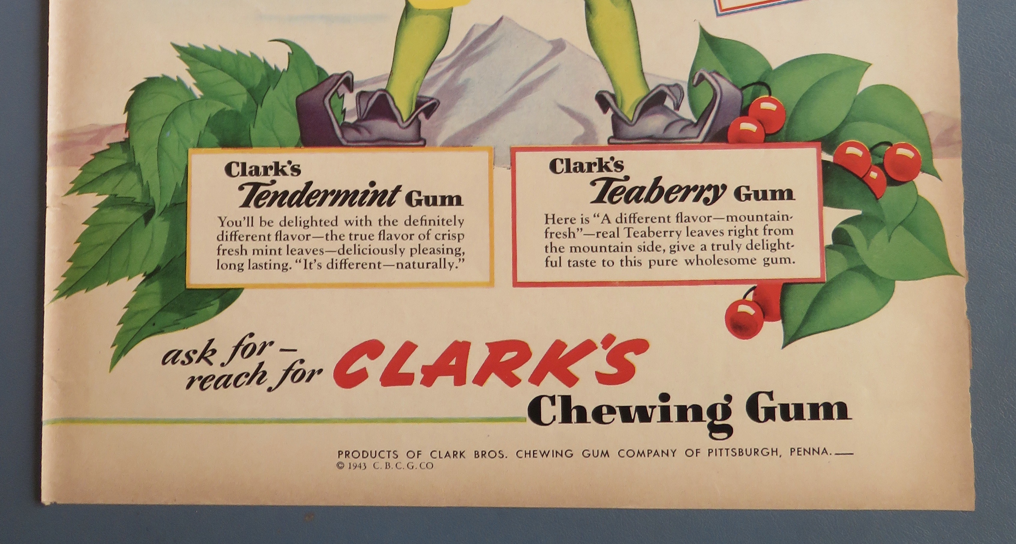 1943 Clark's Chewing Gum w/ Elf Holding 2 Packs Of Gum