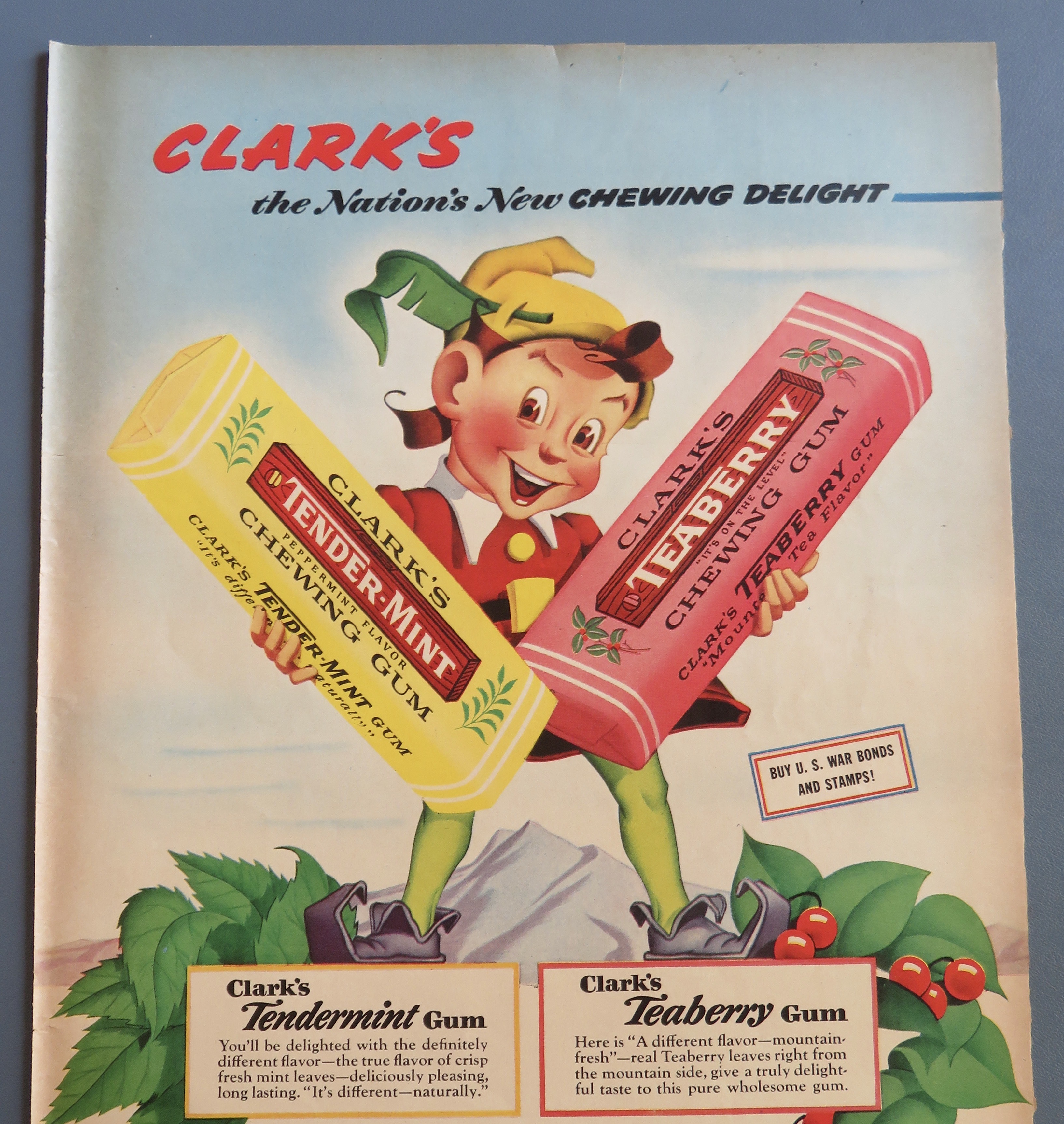 1943 Clark's Chewing Gum w/ Elf Holding 2 Packs Of Gum