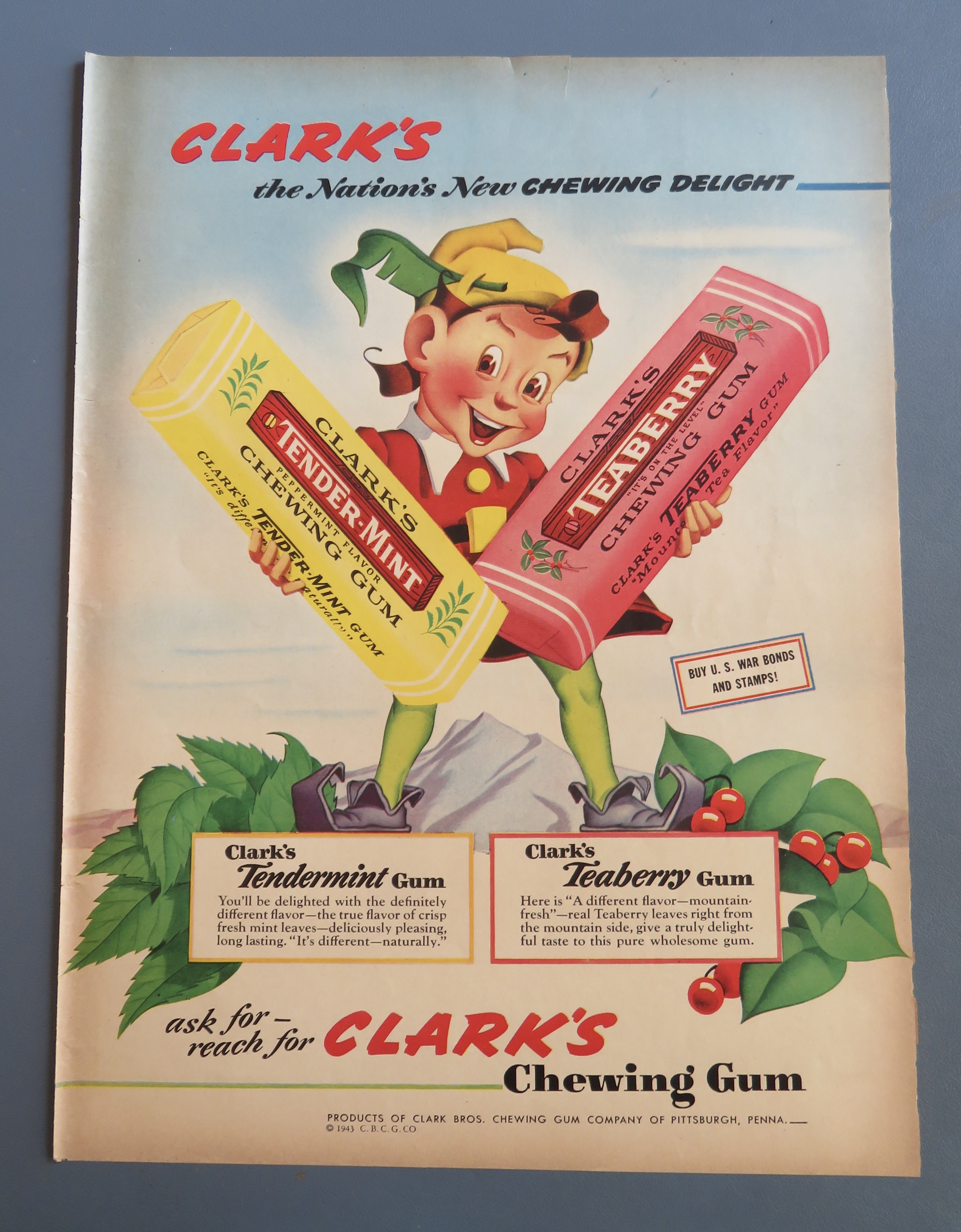 1943 Clark's Chewing Gum w/ Elf Holding 2 Packs Of Gum