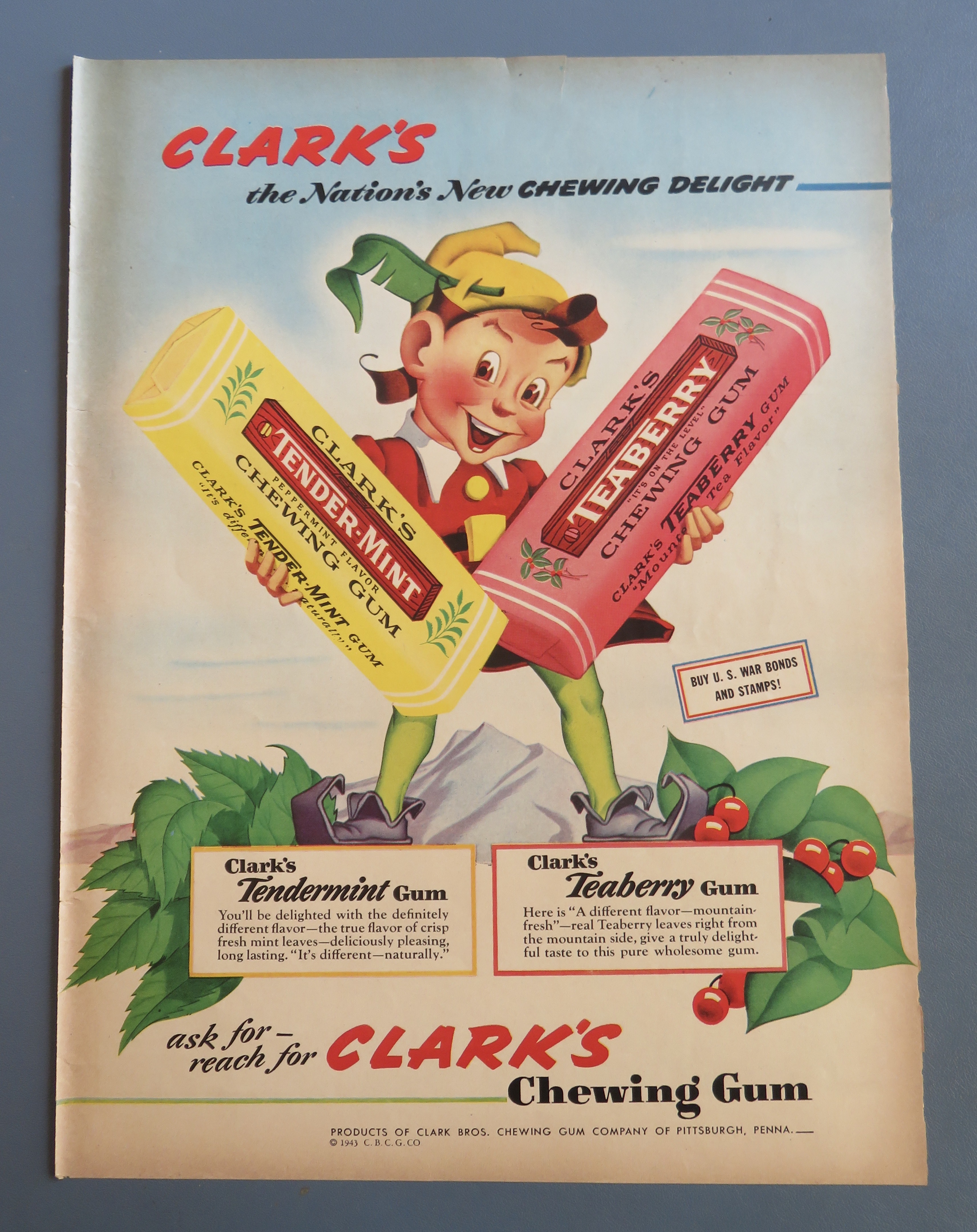 1943 Clark's Chewing Gum w/ Elf Holding 2 Packs Of Gum