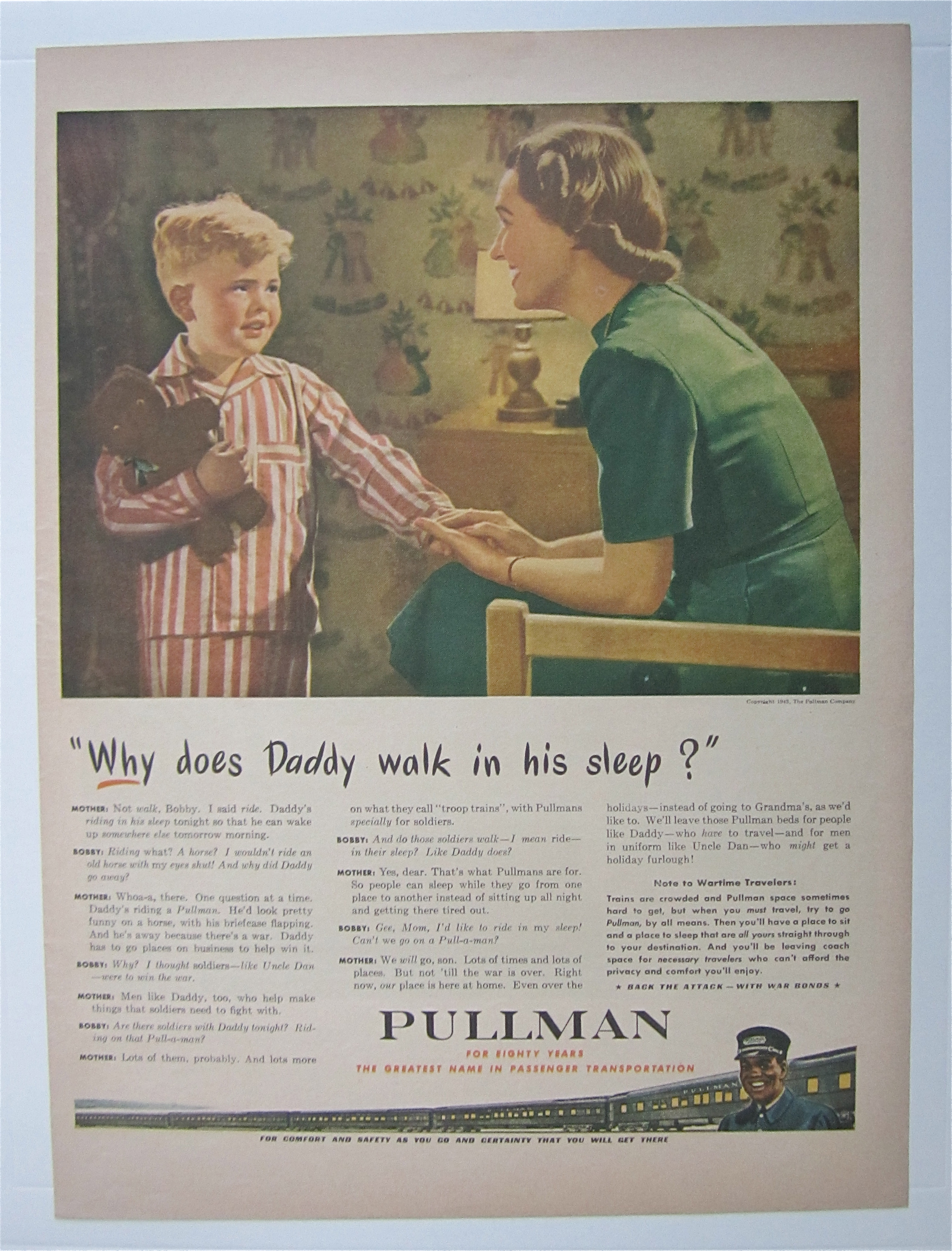 1943 Pullman with Woman Talking To Little Boy With Bear