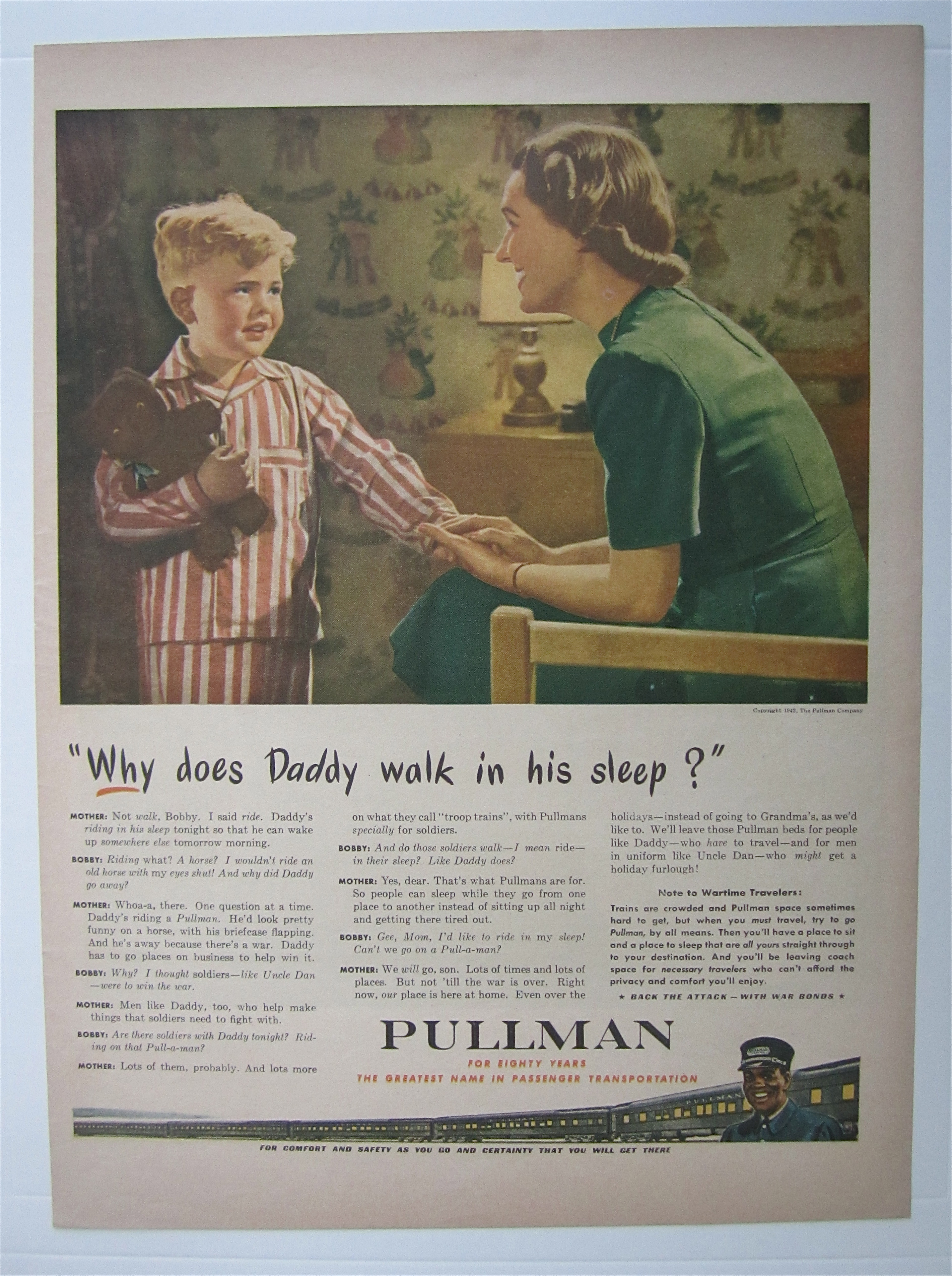 1943 Pullman with Woman Talking To Little Boy With Bear