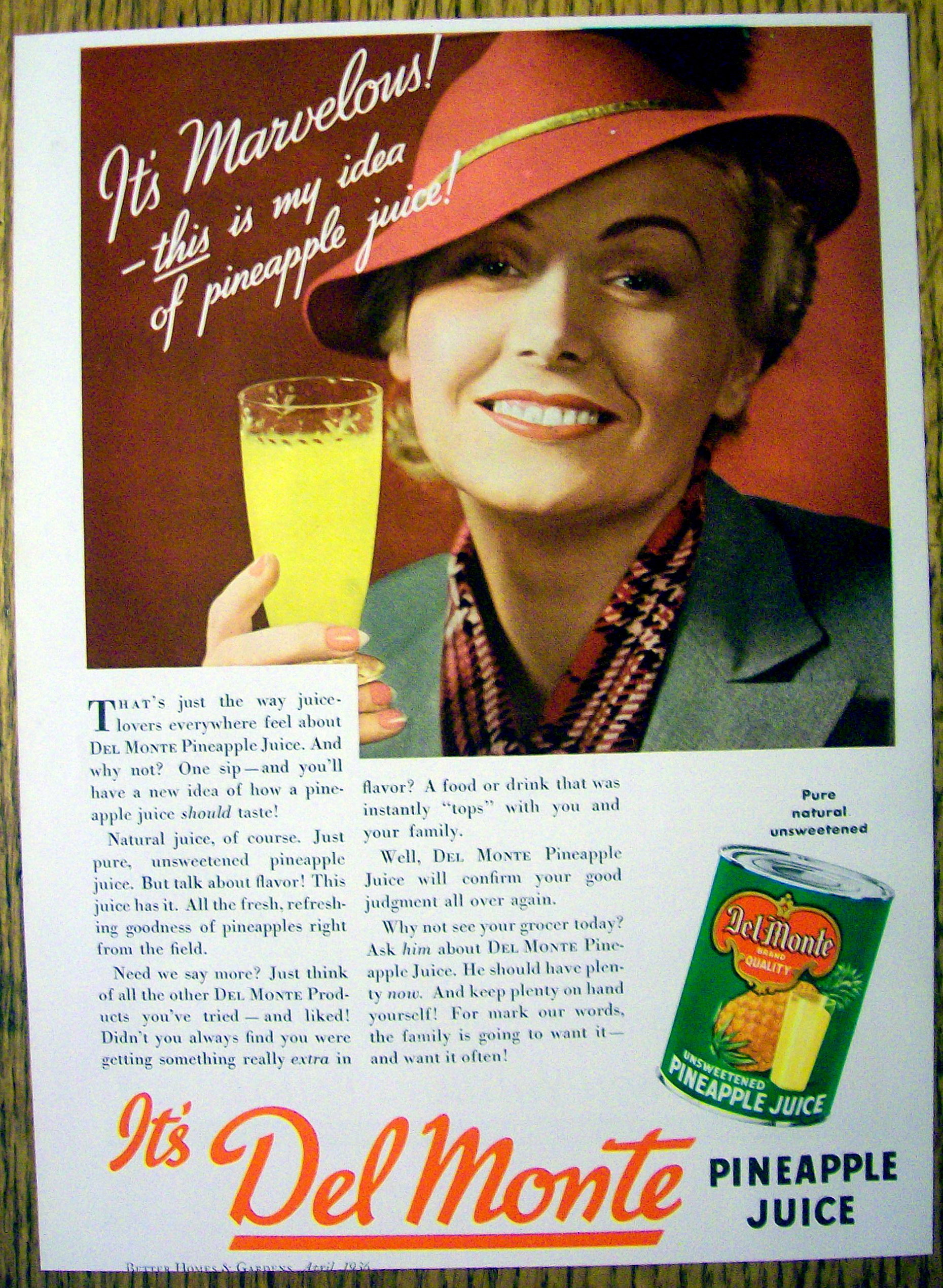 1936 Del Monte Pineapple Juice w/Woman Holding Glass