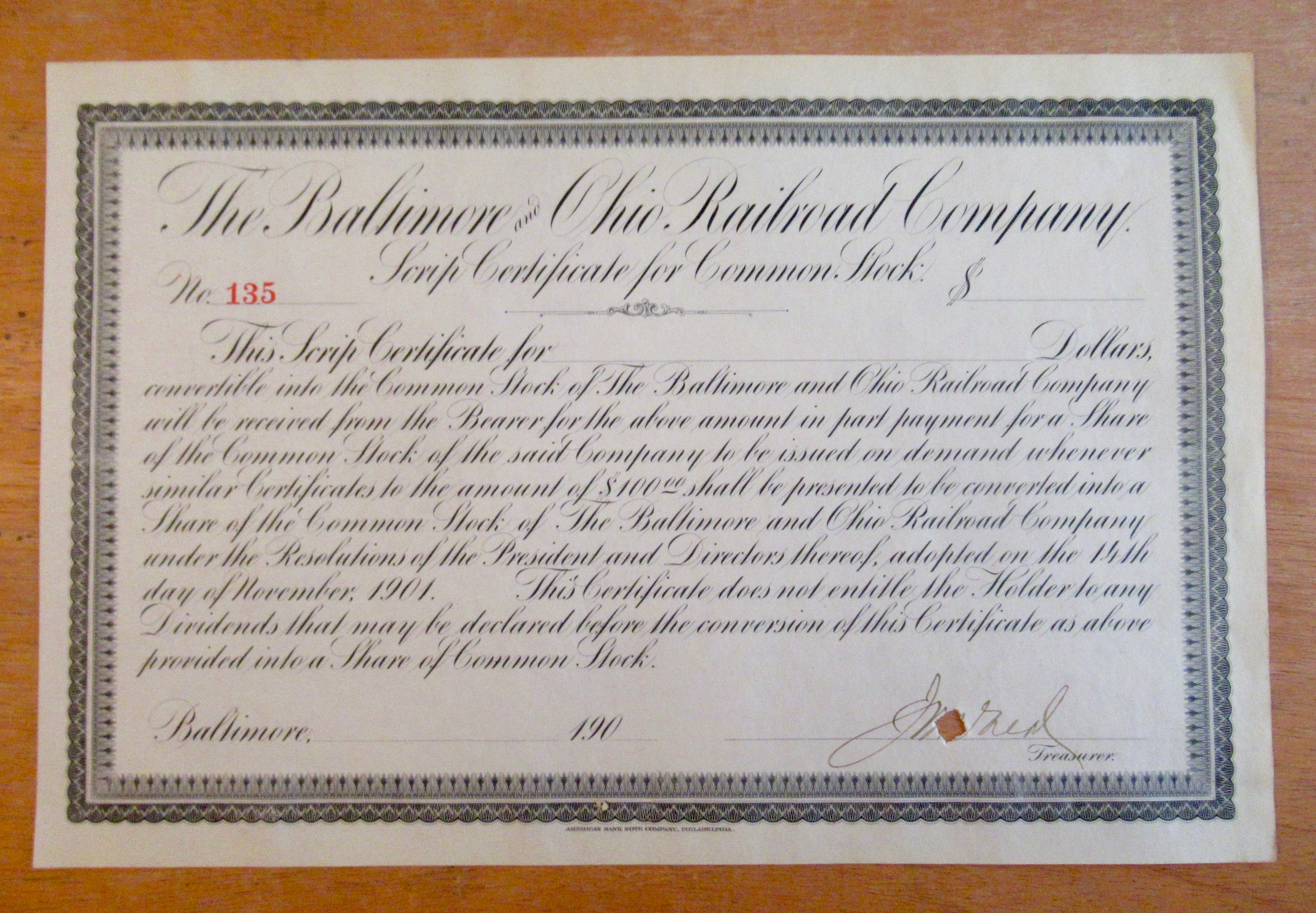 1900 Baltimore & Ohio Railroad Co Stock Certificate