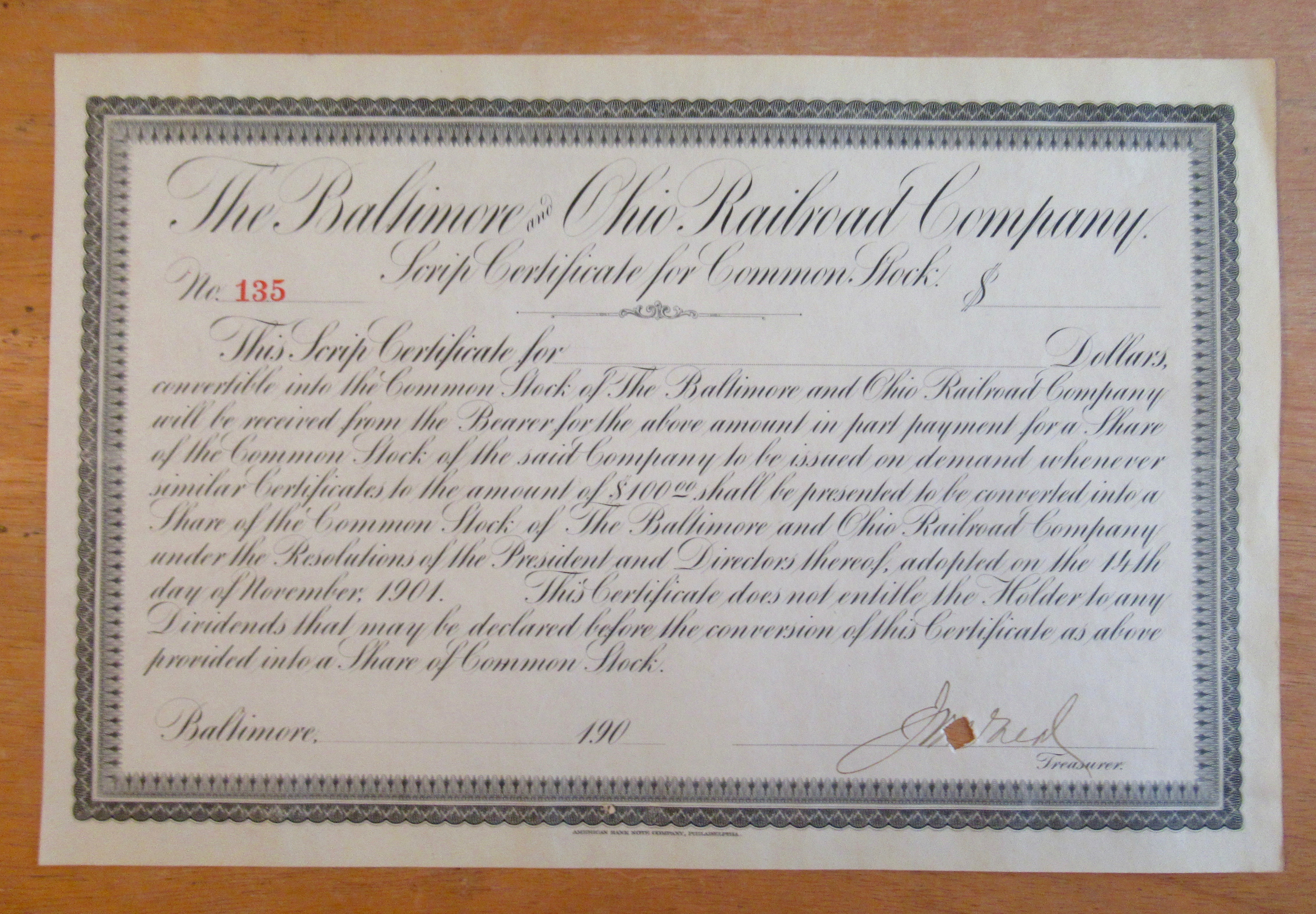 1900 Baltimore & Ohio Railroad Co Stock Certificate