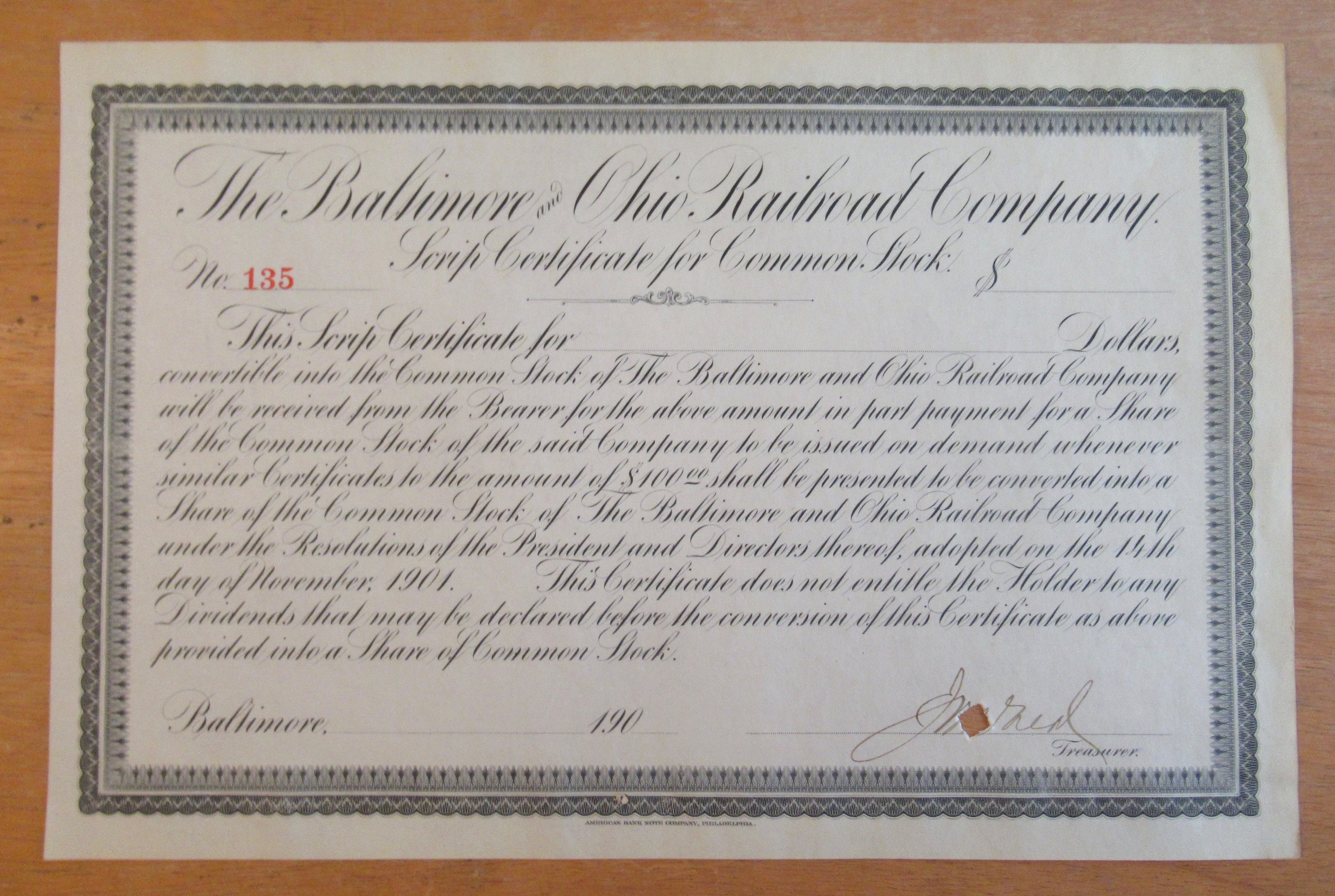 1900 Baltimore & Ohio Railroad Co Stock Certificate
