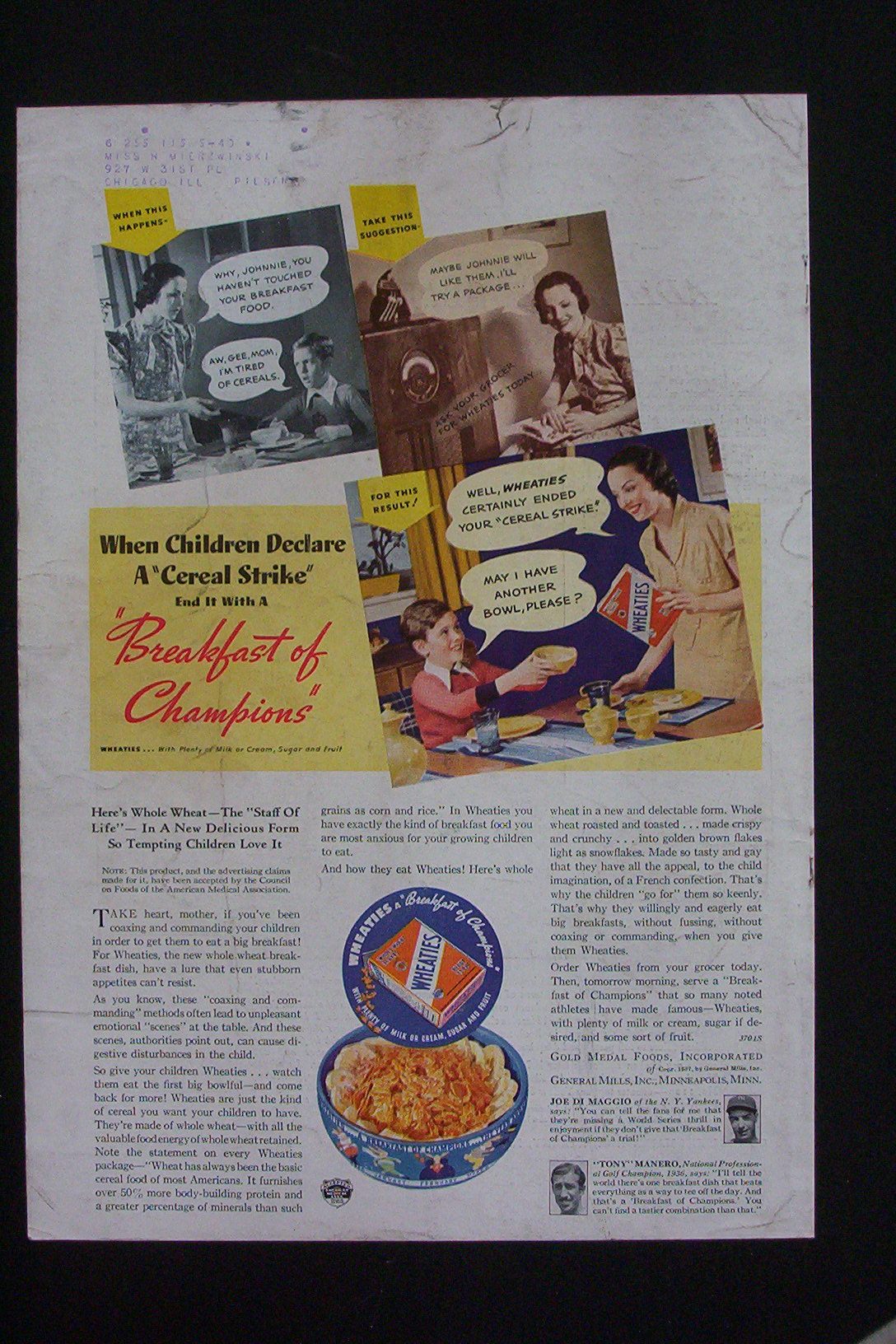 1937 Wheaties Cereal with Baseball's Joe DiMaggio