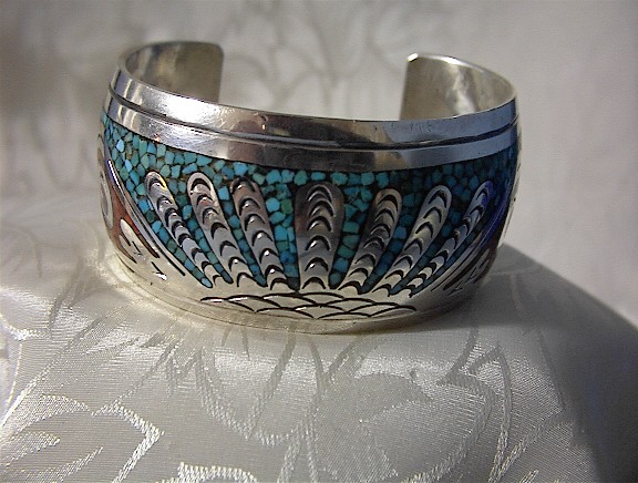 Native American Sterling Silver Coral Turquoise Inlay