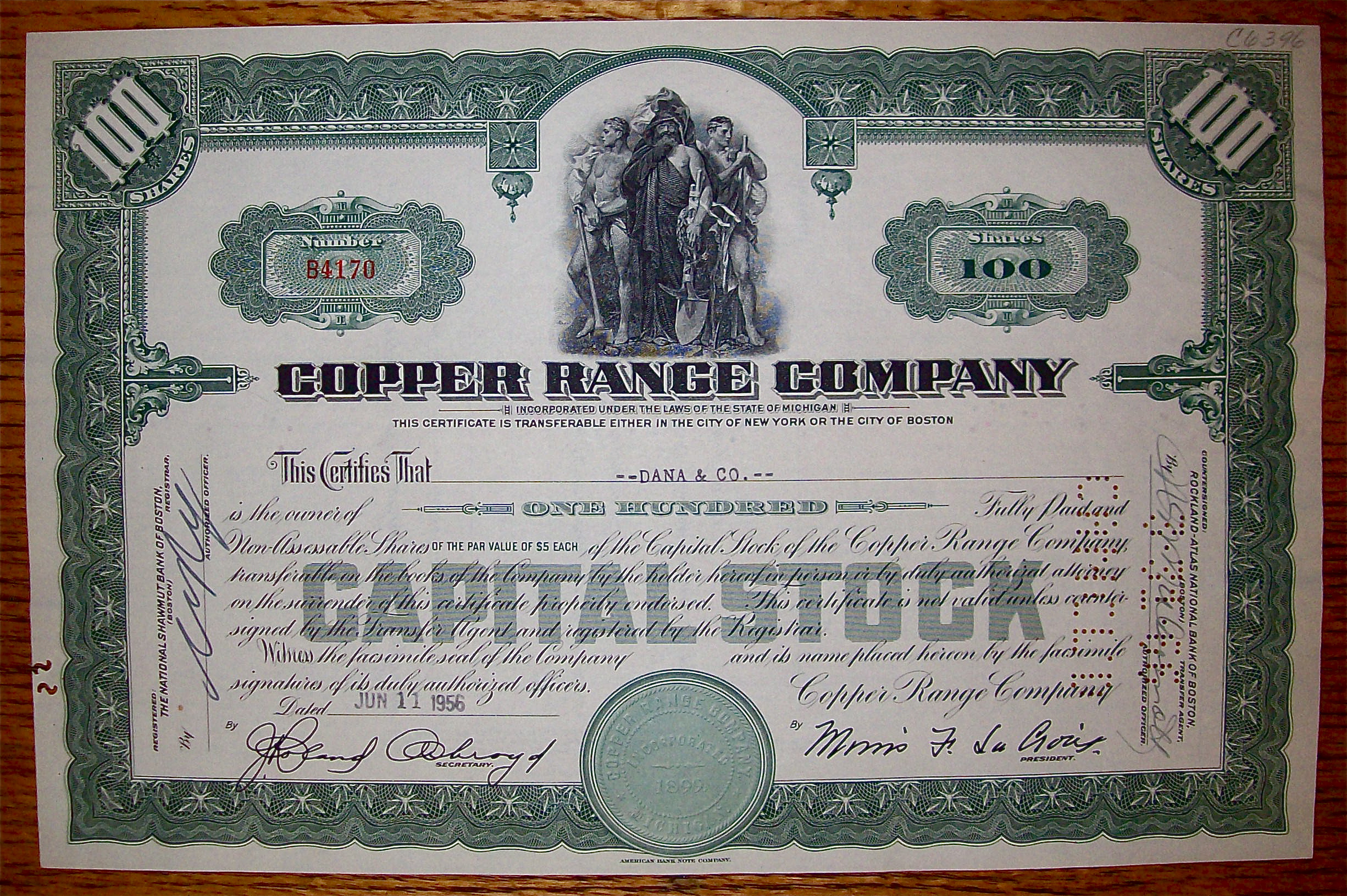 1956 Copper Range Company Stock Certificate