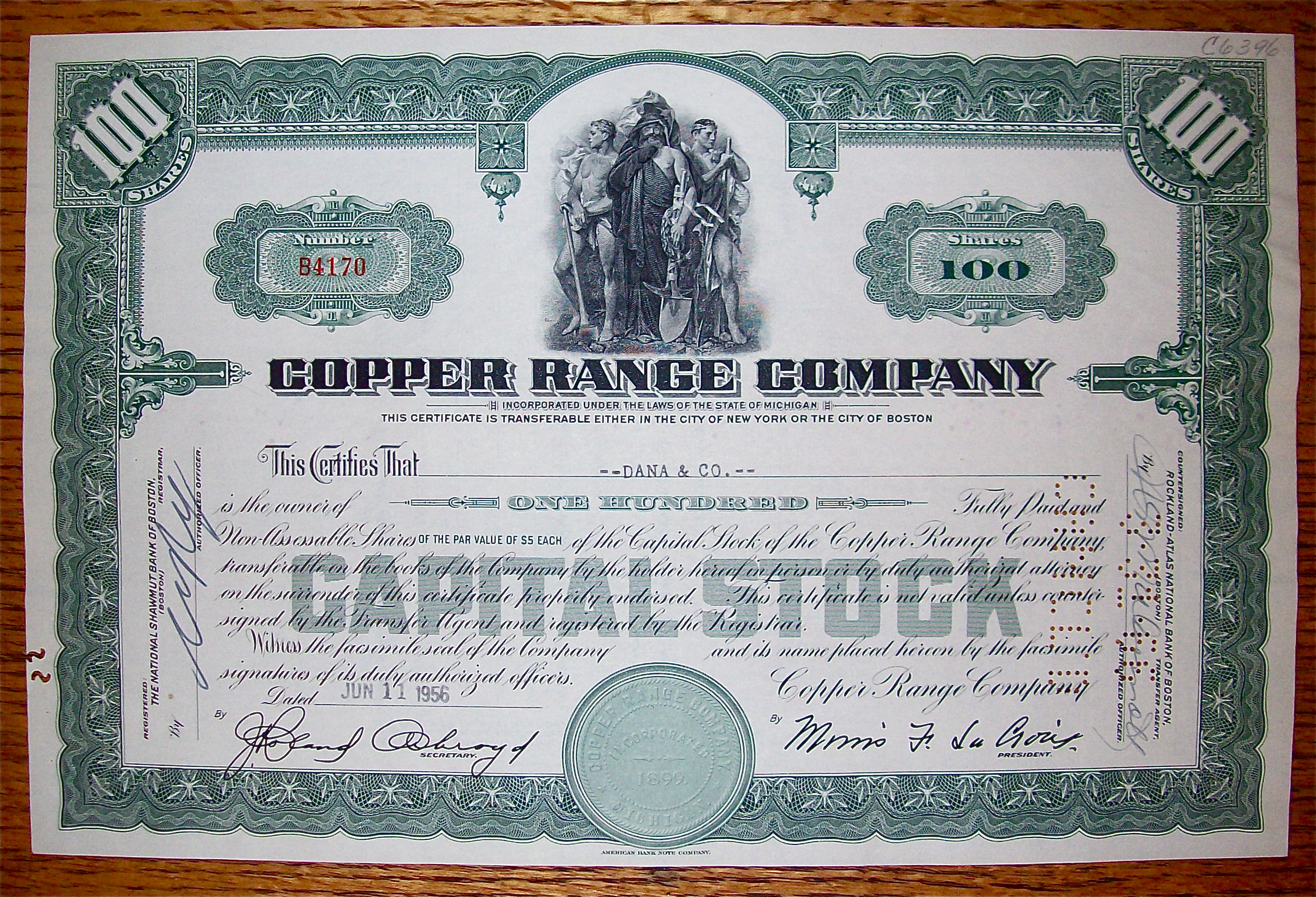 1956 Copper Range Company Stock Certificate