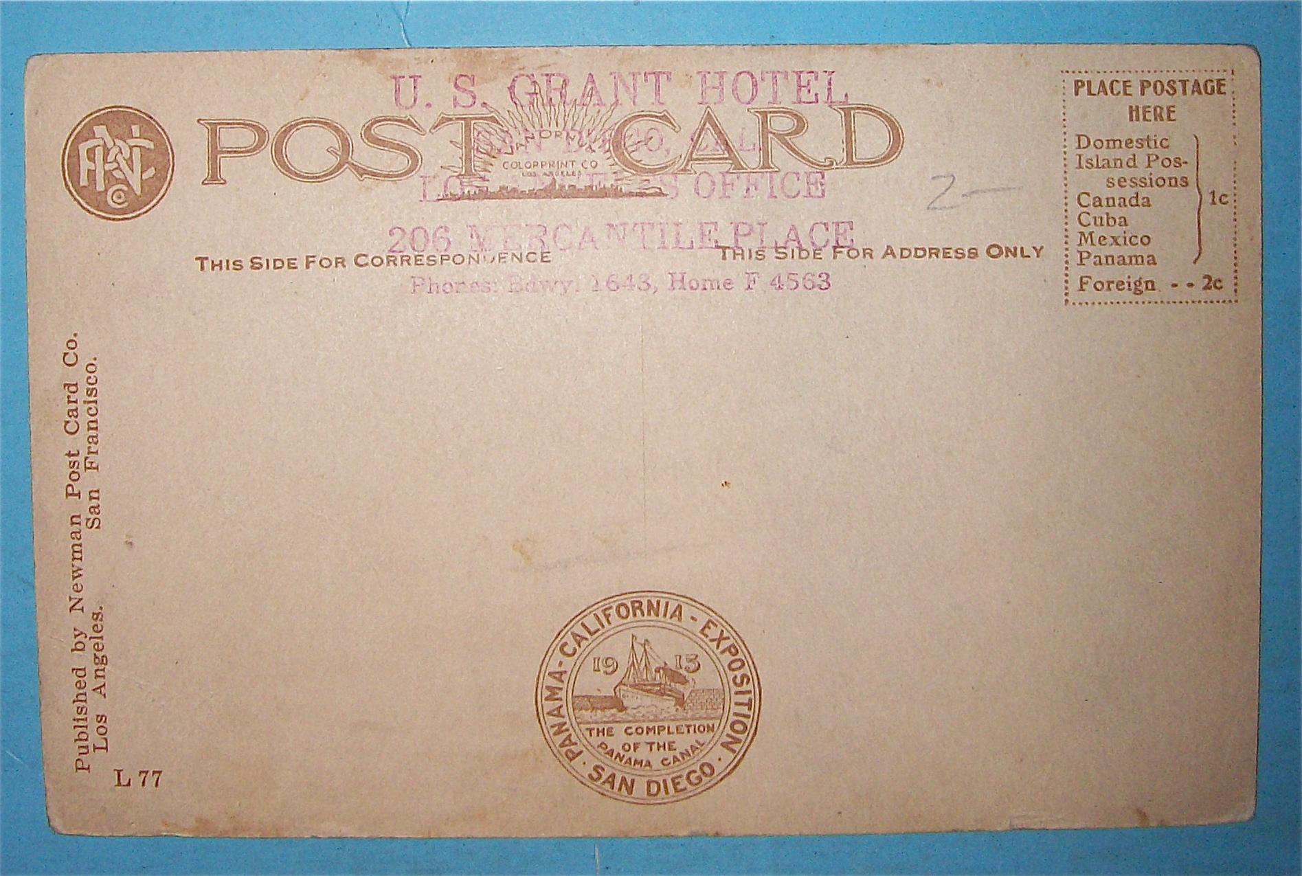 Palm Garden U.S. Grant Hotel Postcard (San Diego, Cal)