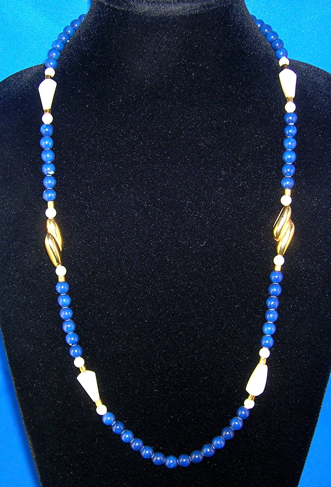 Bead Necklace, Lapis, Agate, Gold accents
