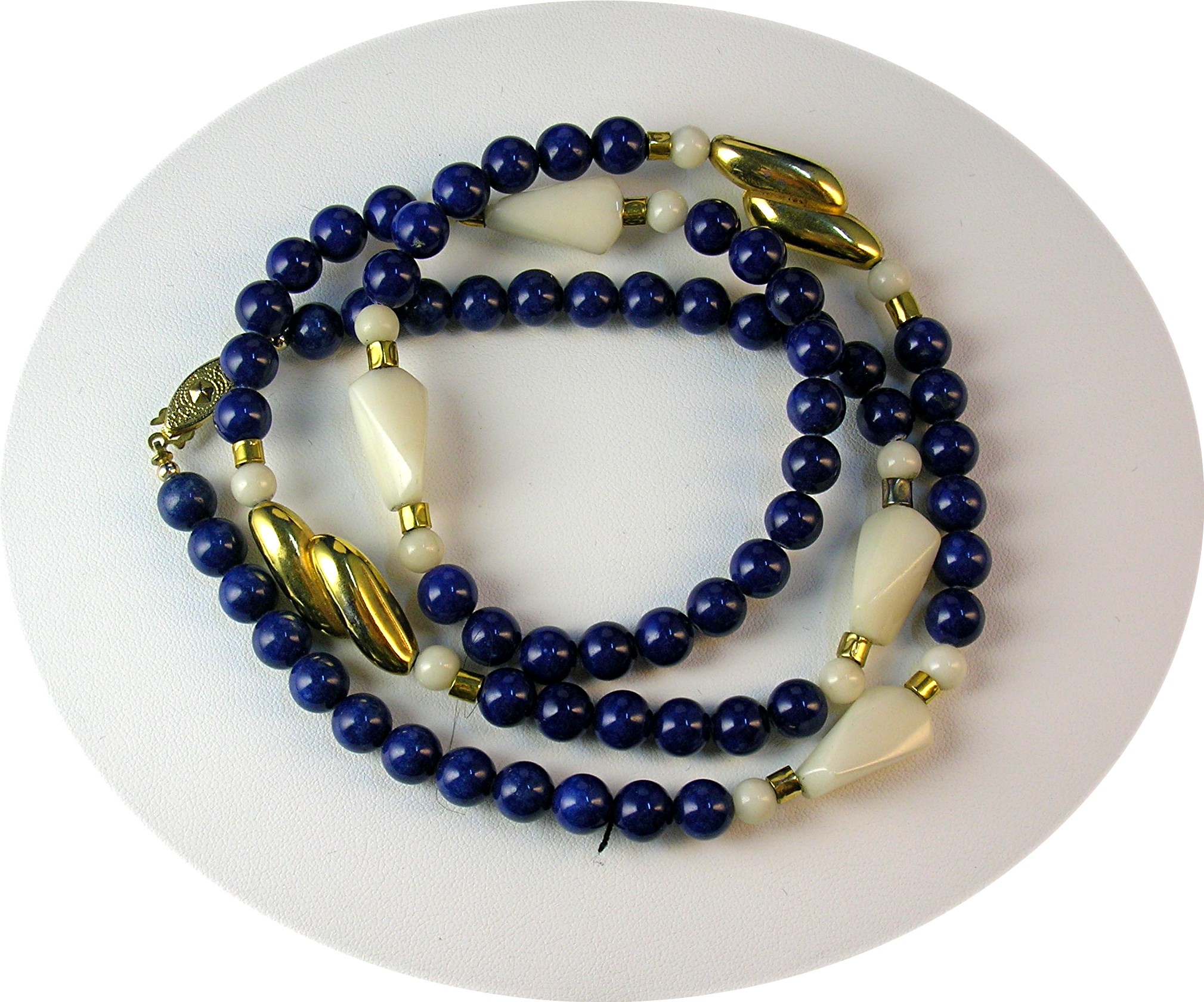 Bead Necklace, Lapis, Agate, Gold accents