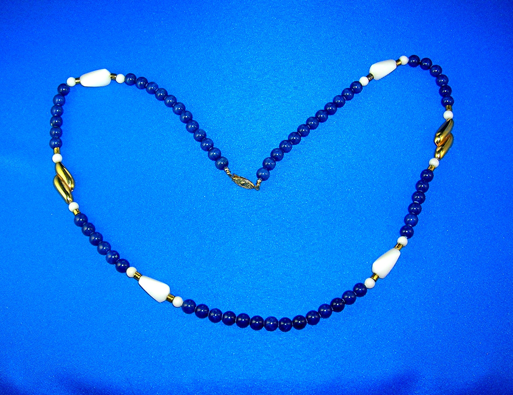 Bead Necklace, Lapis, Agate, Gold accents