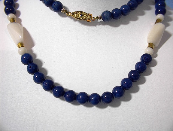 Bead Necklace, Lapis, Agate, Gold accents